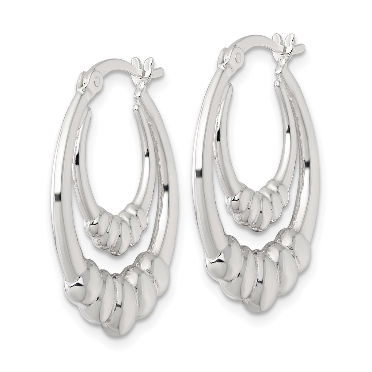 Sterling Silver Double Oval Hoop Earrings, Scalloped Ridged Design, Polished Finish