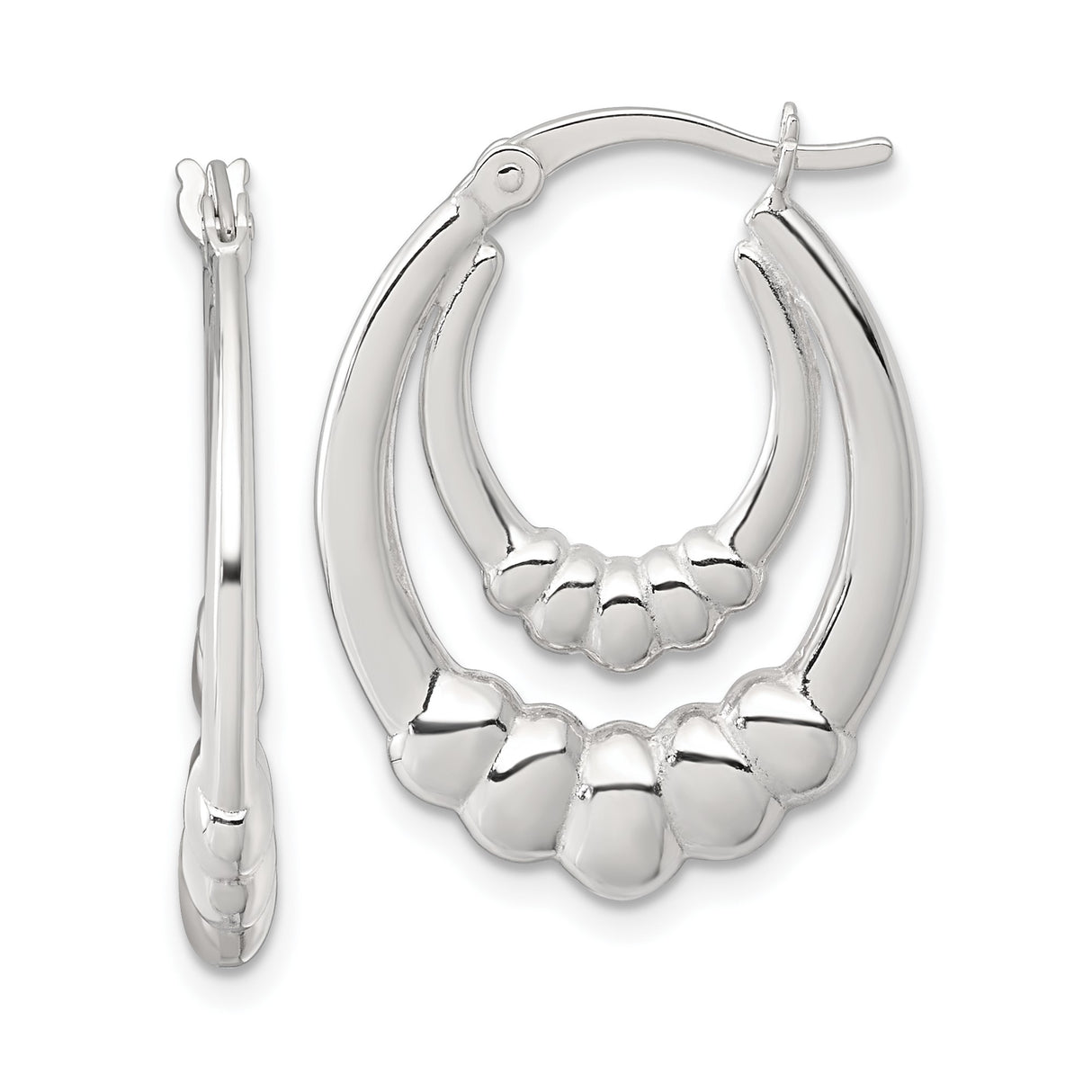 Sterling Silver Double Oval Hoop Earrings, Scalloped Ridged Design, Polished Finish