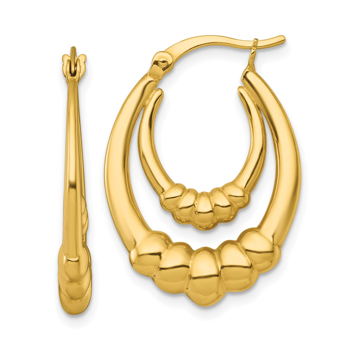 Sterling Silver Hoop Earrings, Gold Plated Dangle Hoops with Scalloped Textured Oval Design, Boho Style