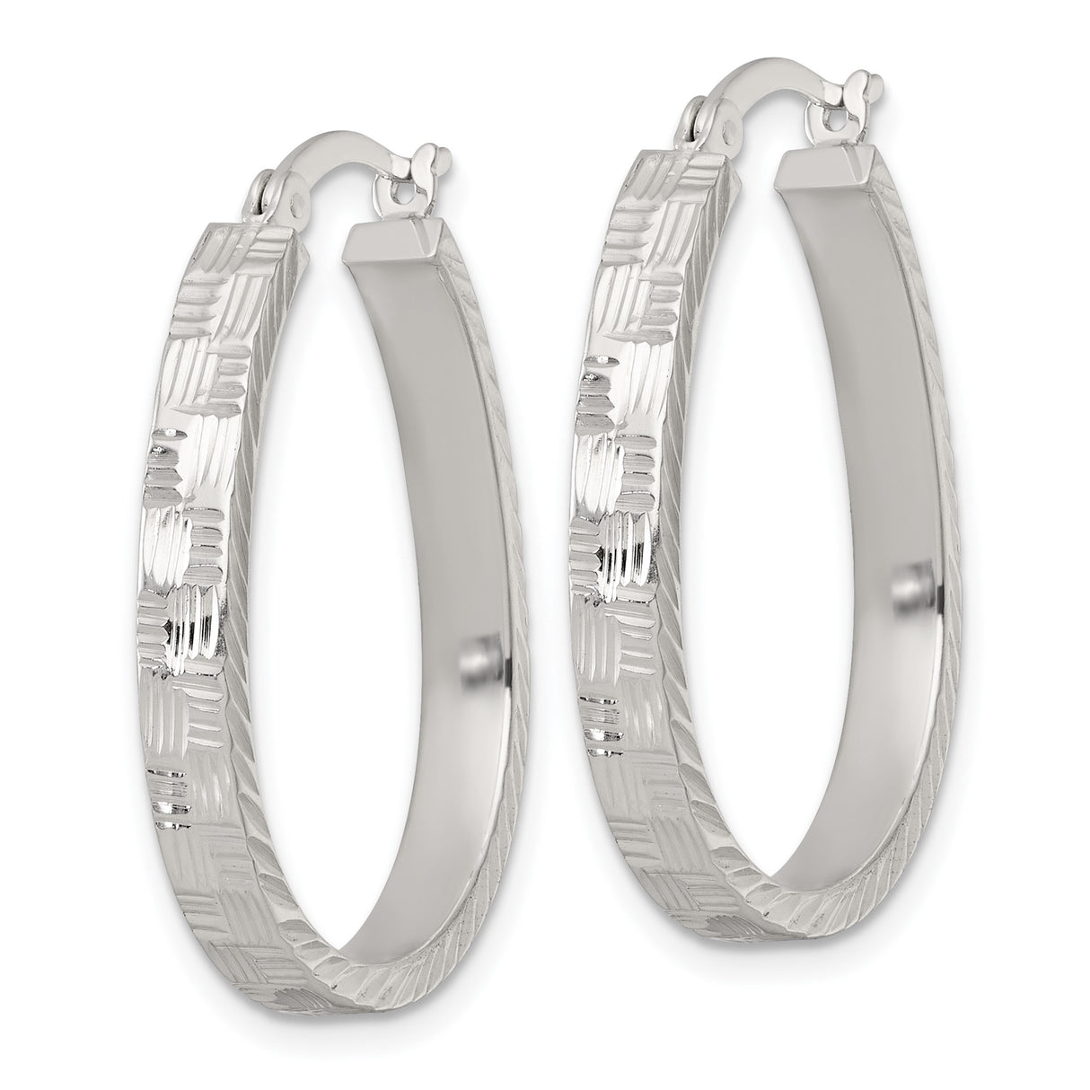 Sterling Silver Oval Hoop Earrings, Diamond-Cut Textured Design, Polished Finish, Lightweight Style