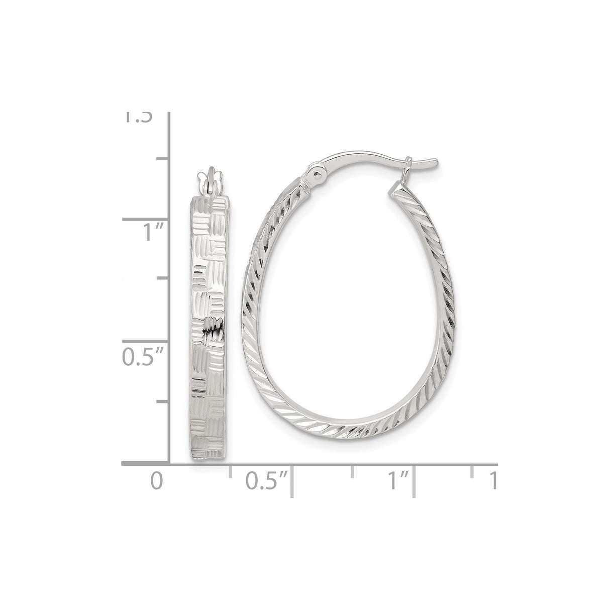 Sterling Silver Oval Hoop Earrings, Diamond-Cut Textured Design, Polished Finish, Lightweight Style