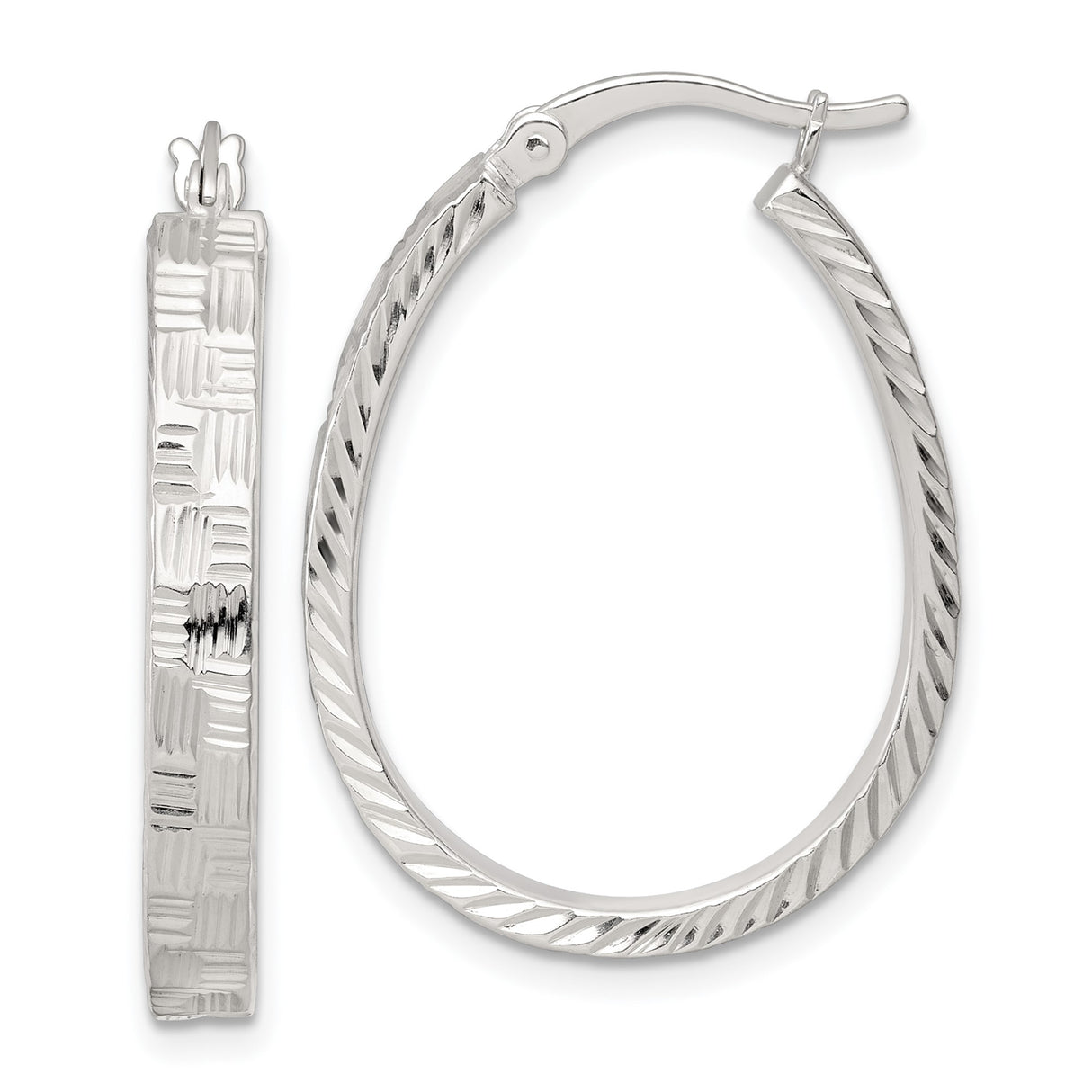 Sterling Silver Oval Hoop Earrings, Diamond-Cut Textured Design, Polished Finish, Lightweight Style