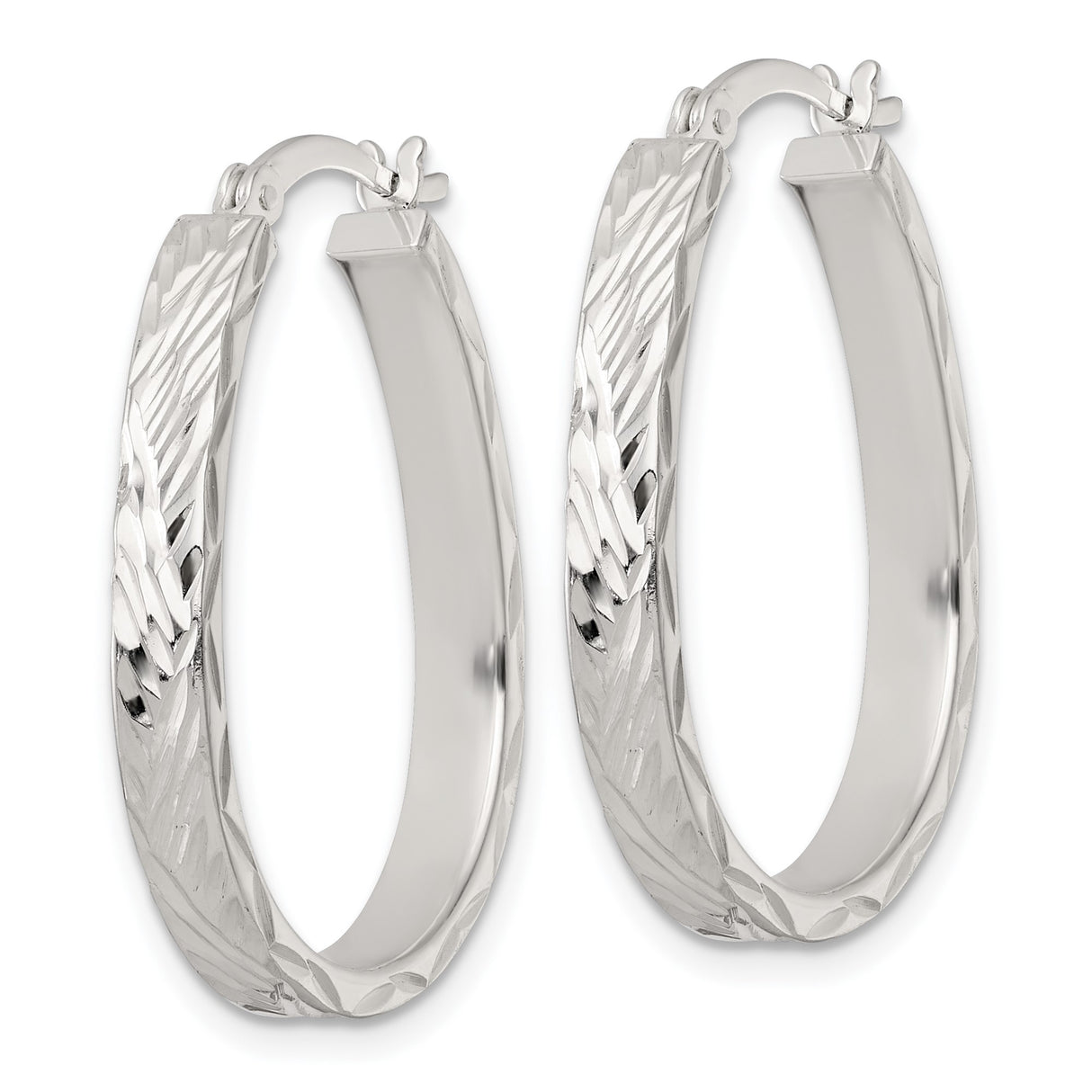 Sterling Silver Oval Hoop Earrings with Diamond Cut Textured Design