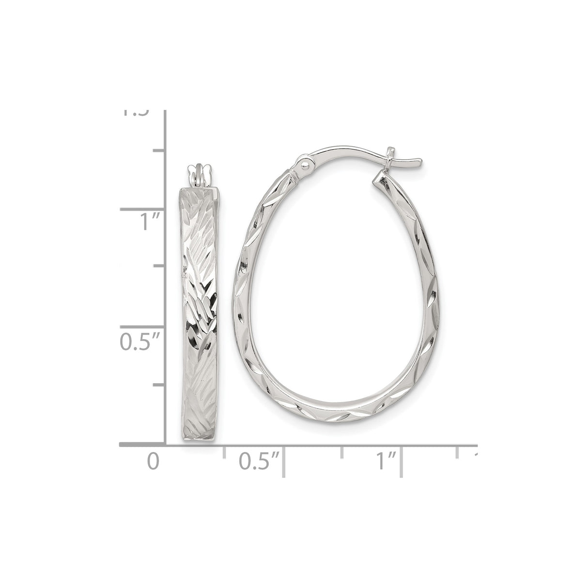 Sterling Silver Oval Hoop Earrings with Diamond Cut Textured Design