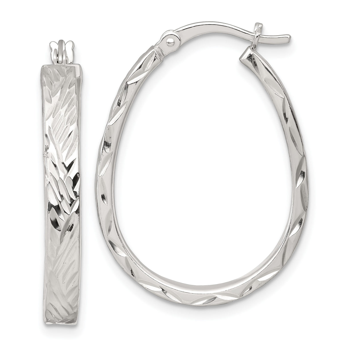 Sterling Silver Oval Hoop Earrings with Diamond Cut Textured Design