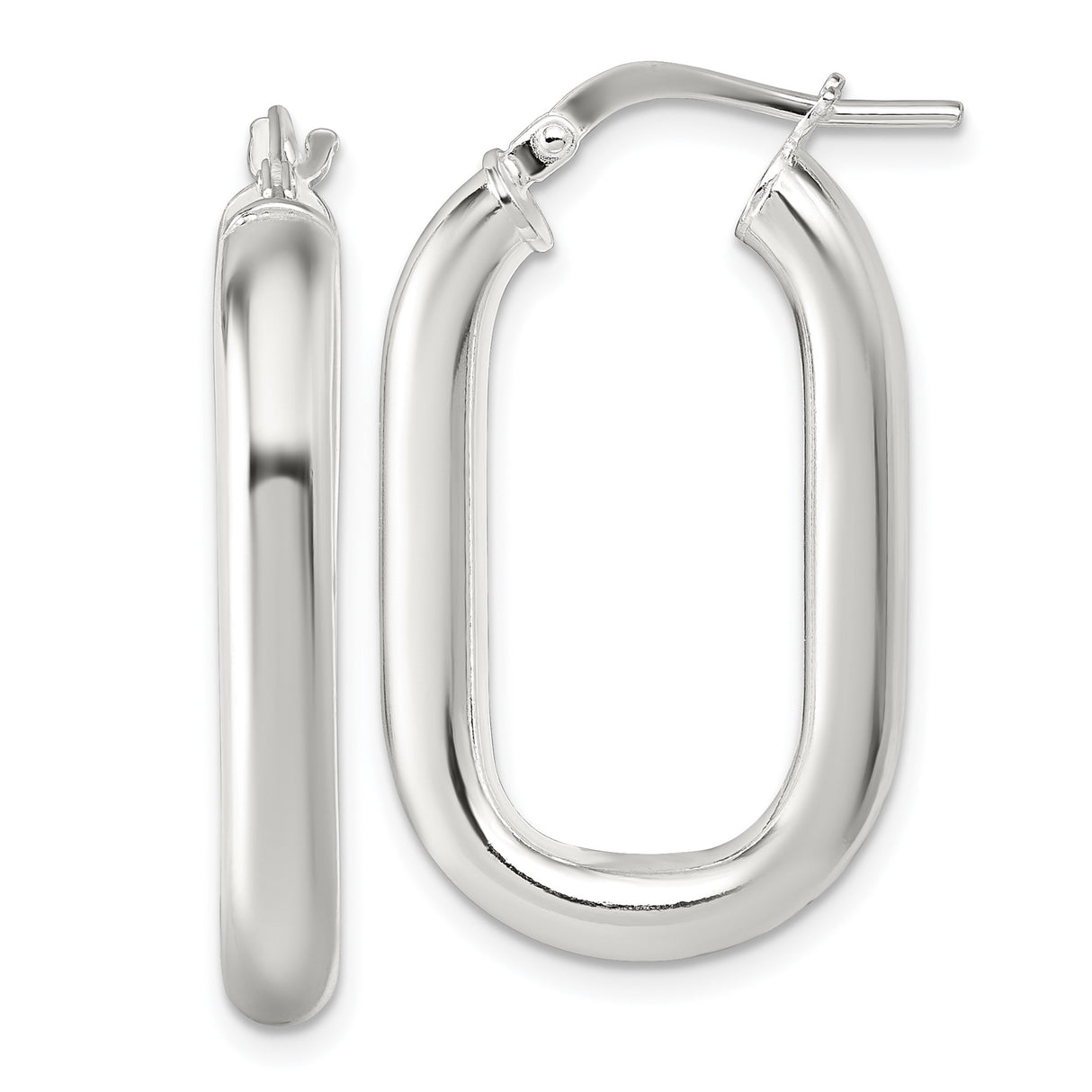 Sterling Silver Oval Hoop Earrings with Polished Finish and Hinged Closure, 30mm Size