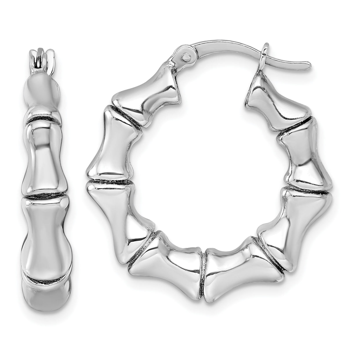 Sterling Silver Bamboo Style Hoop Earrings with Polished Finish and Organic Texture