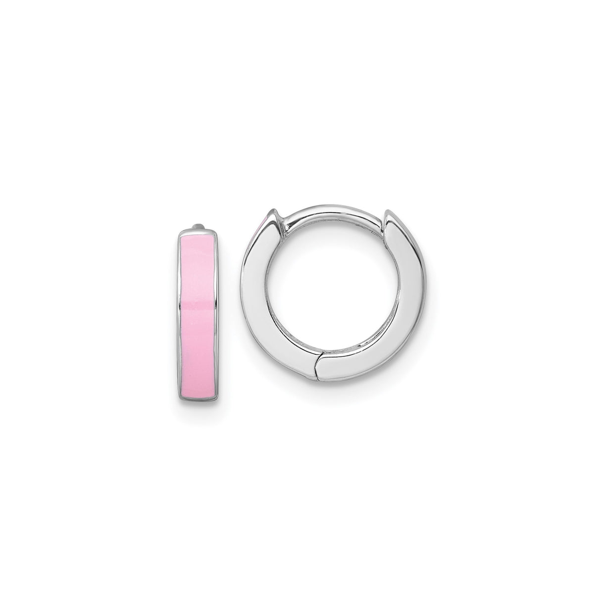 Sterling Silver Huggie Earrings with Soft Pink Enamel Inlay, Rhodium Plated Minimalist Hoops