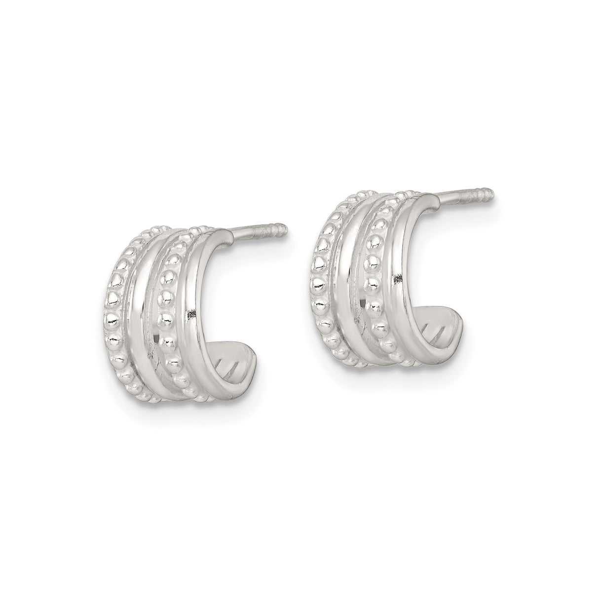 Sterling Silver Triple Hoop Stud Earrings with Polished and Textured Beaded Design
