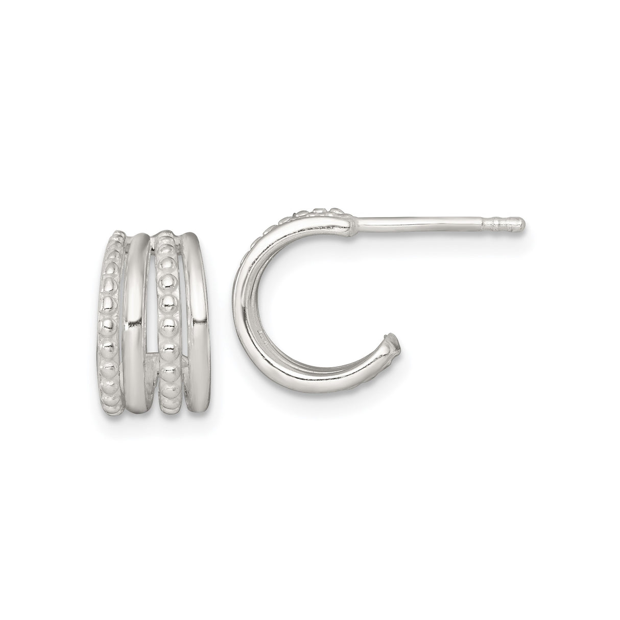 Sterling Silver Triple Hoop Stud Earrings with Polished and Textured Beaded Design