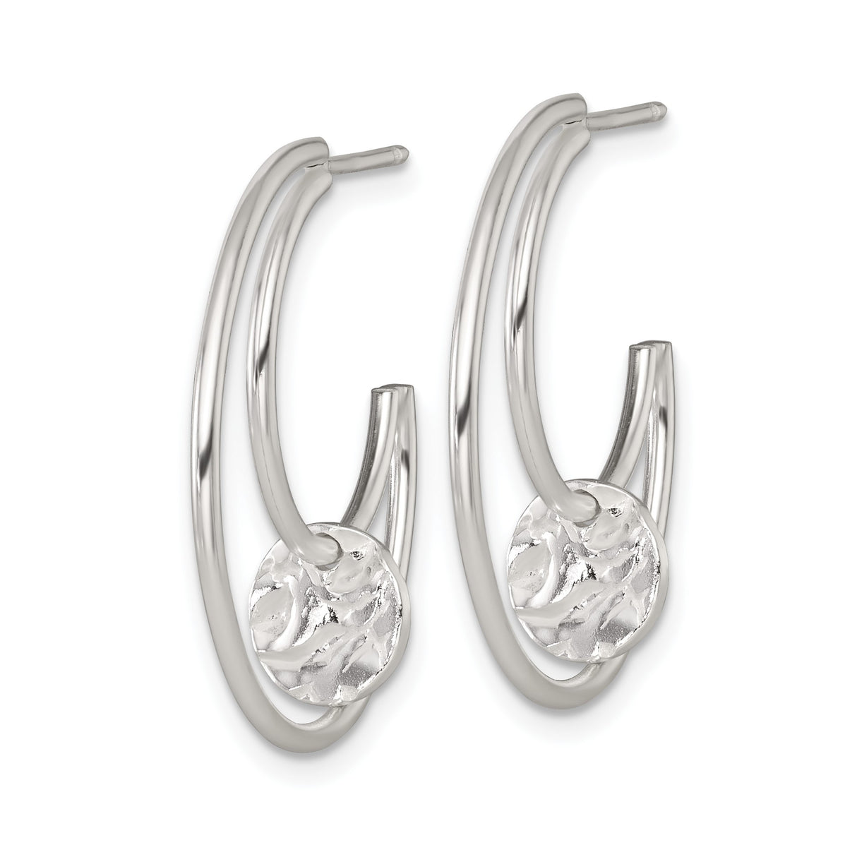 Sterling Silver Hoop Earrings with Hammered Textured Disc, Minimalist Open Circle Design