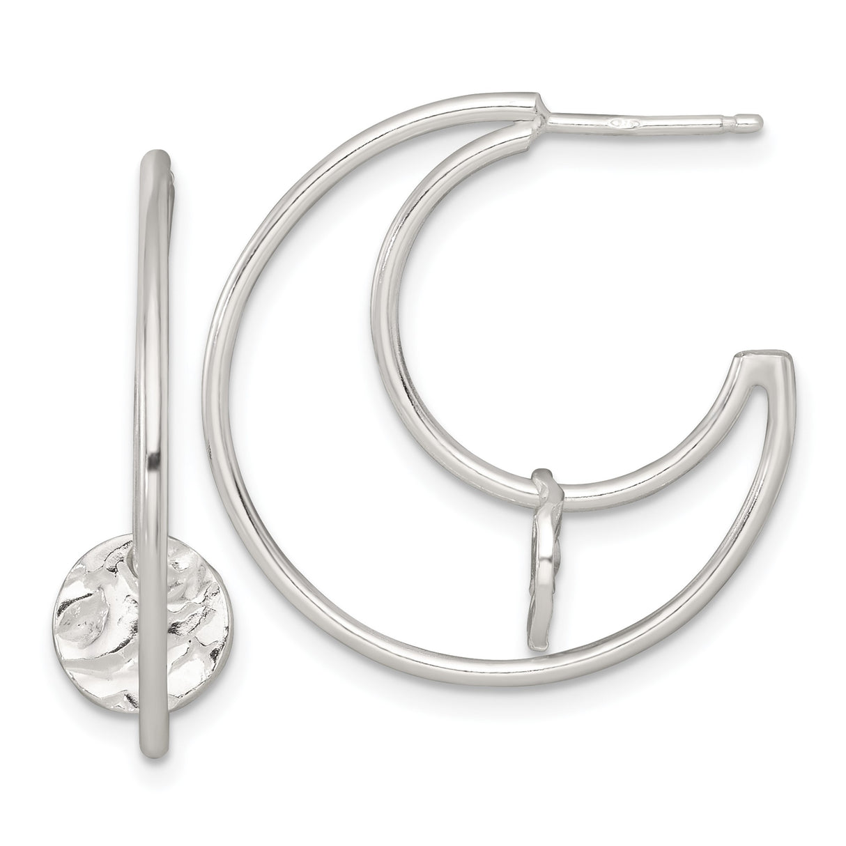 Sterling Silver Hoop Earrings with Hammered Textured Disc, Minimalist Open Circle Design