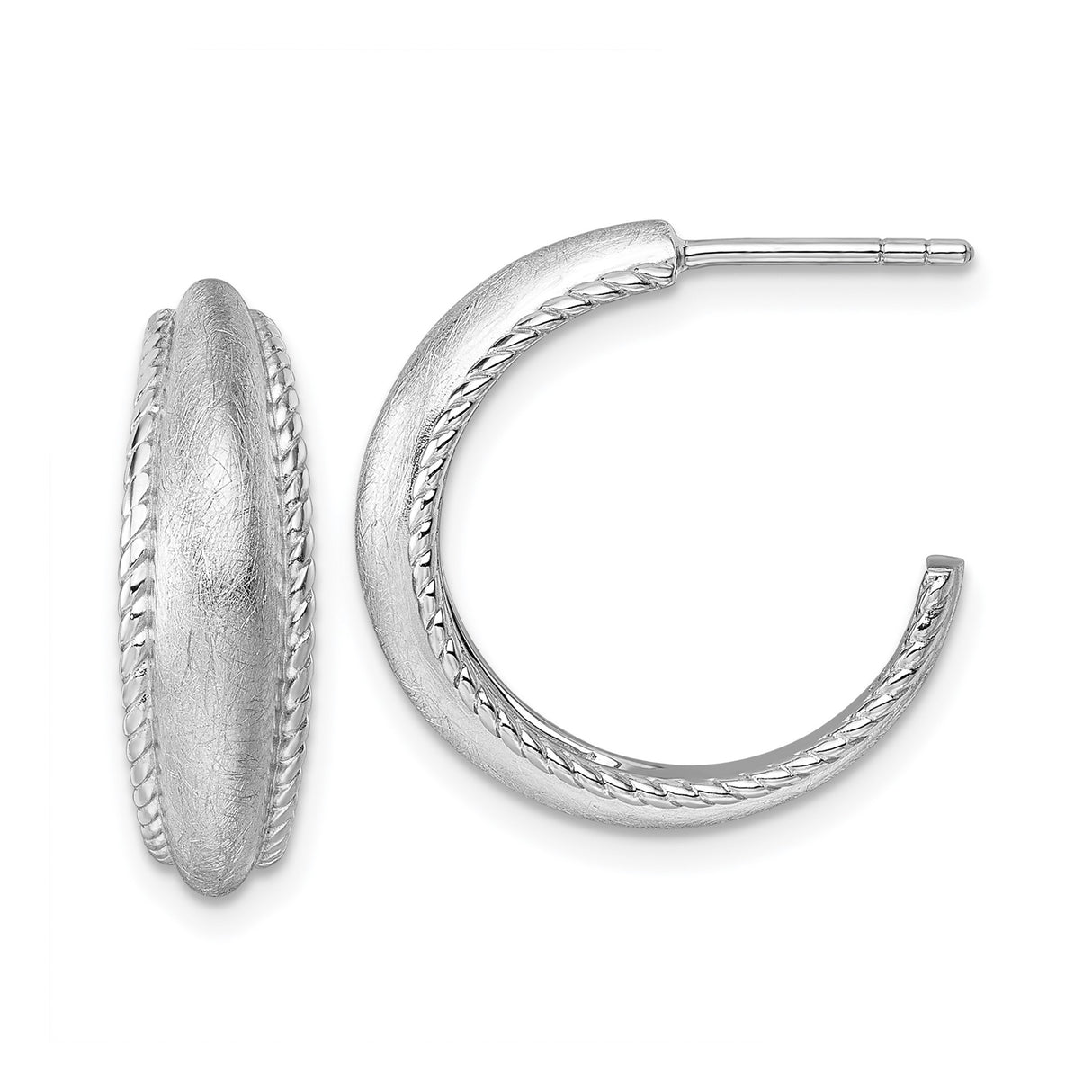 Sterling Silver Hoop Earrings with Brushed Finish, Textured Design, Rope Edge Detailing