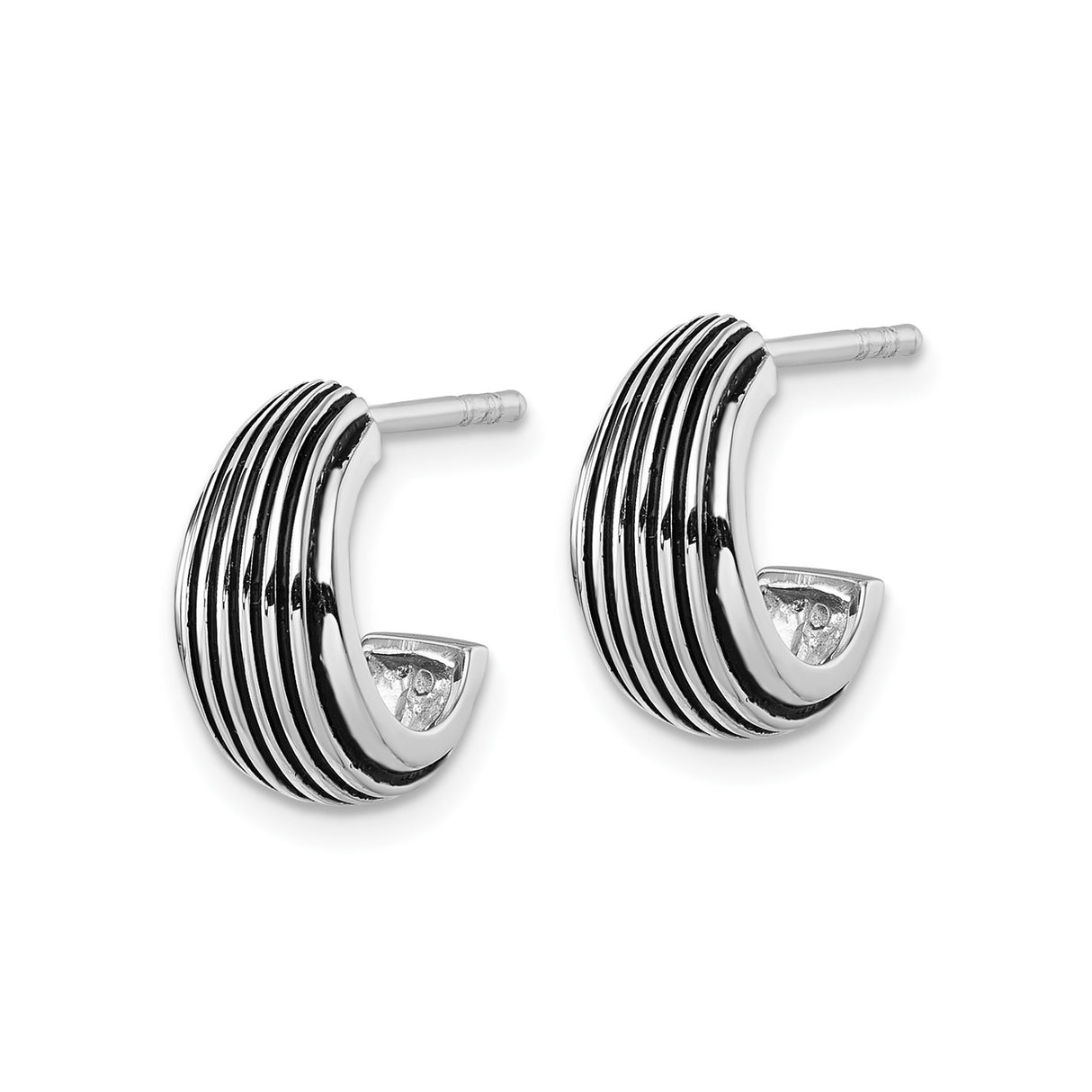 Sterling Silver Hoop Earrings, Ribbed Texture Half Hoop Studs, Rhodium Plated Minimalist Design