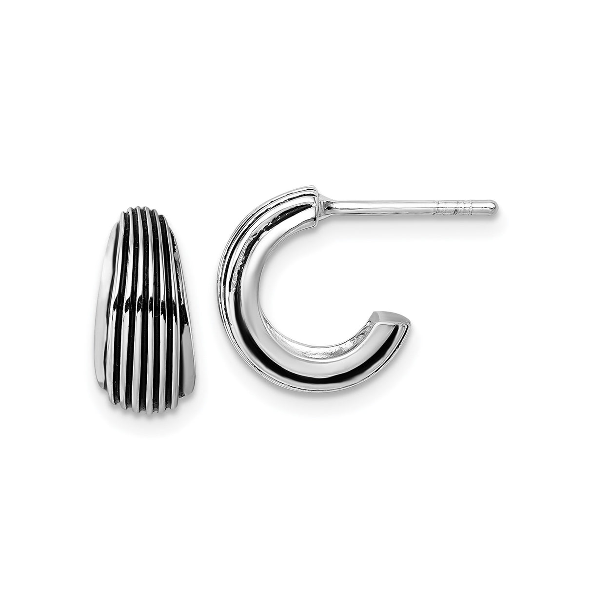 Sterling Silver Hoop Earrings, Ribbed Texture Half Hoop Studs, Rhodium Plated Minimalist Design