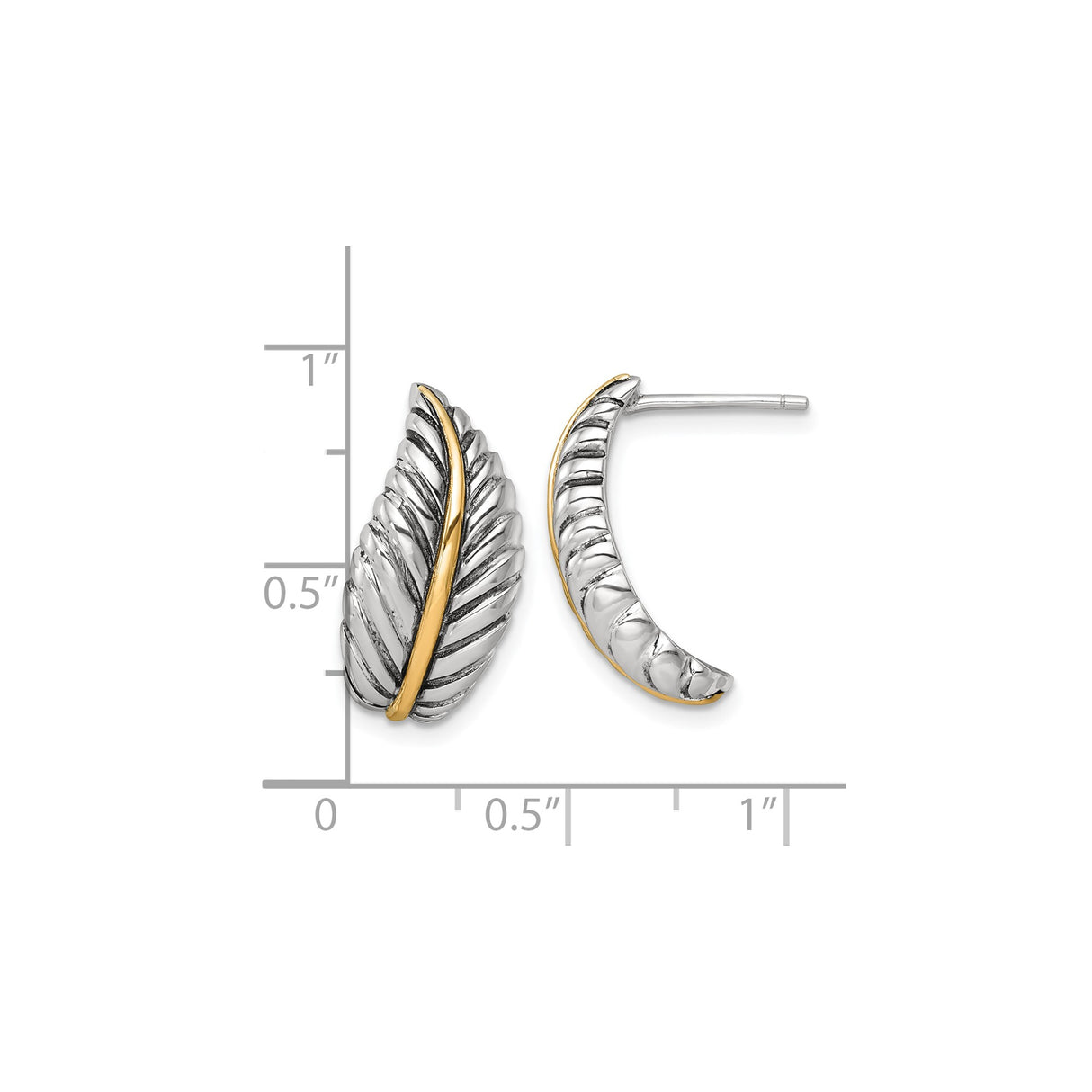 Sterling Silver and 14k Gold Leaf Stud Earrings, Textured Feather Design, Two-Tone Jewelry