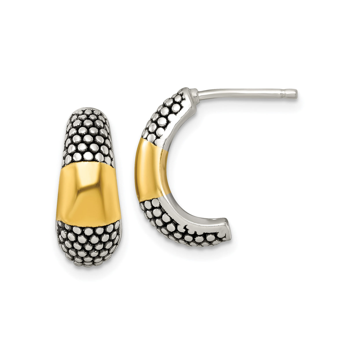 Sterling Silver Beaded Hoop Earrings, Two-Tone Textured J Hoops for Women