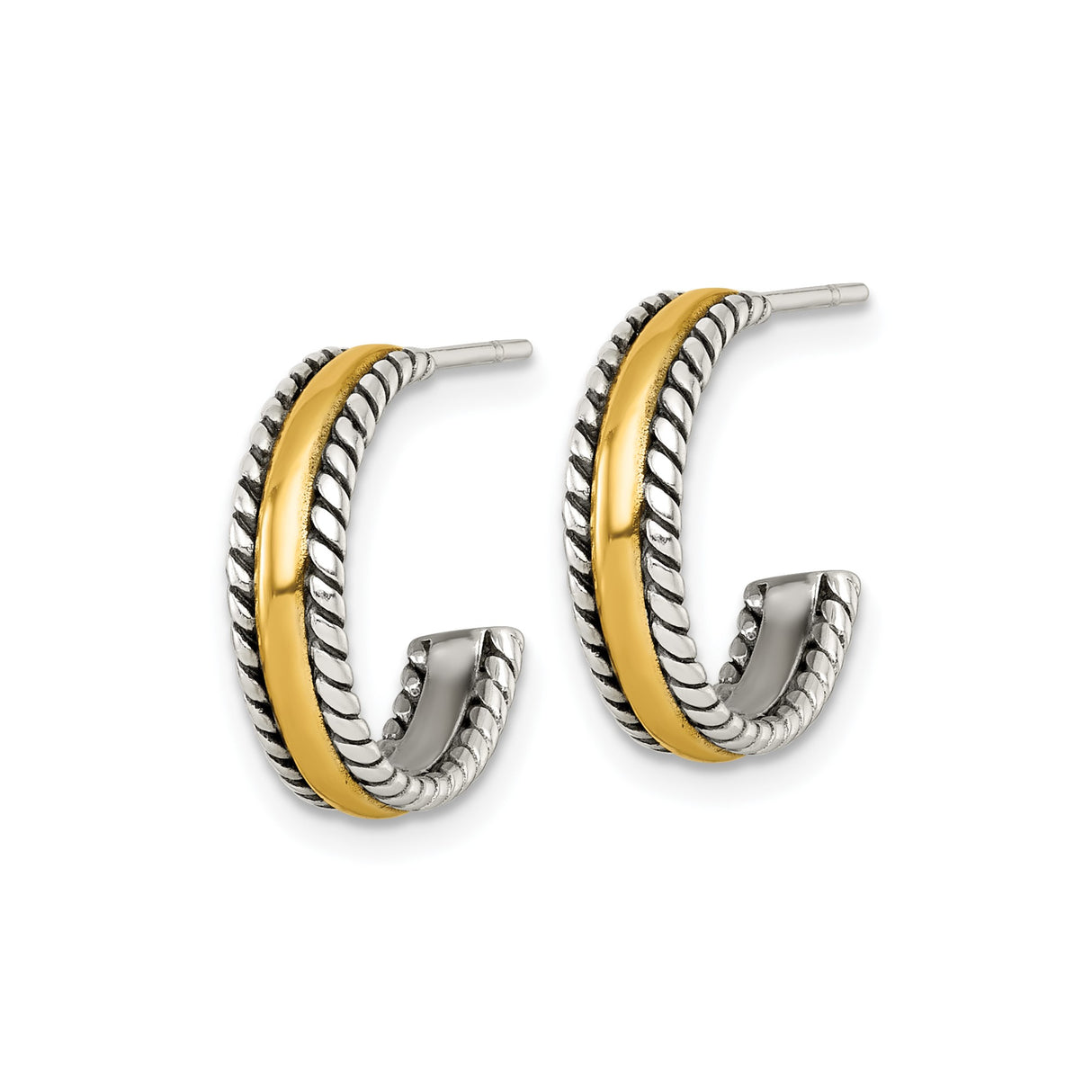 Sterling Silver Hoop Earrings with Twisted Rope Edge and Polished Yellow Gold-Tone Band