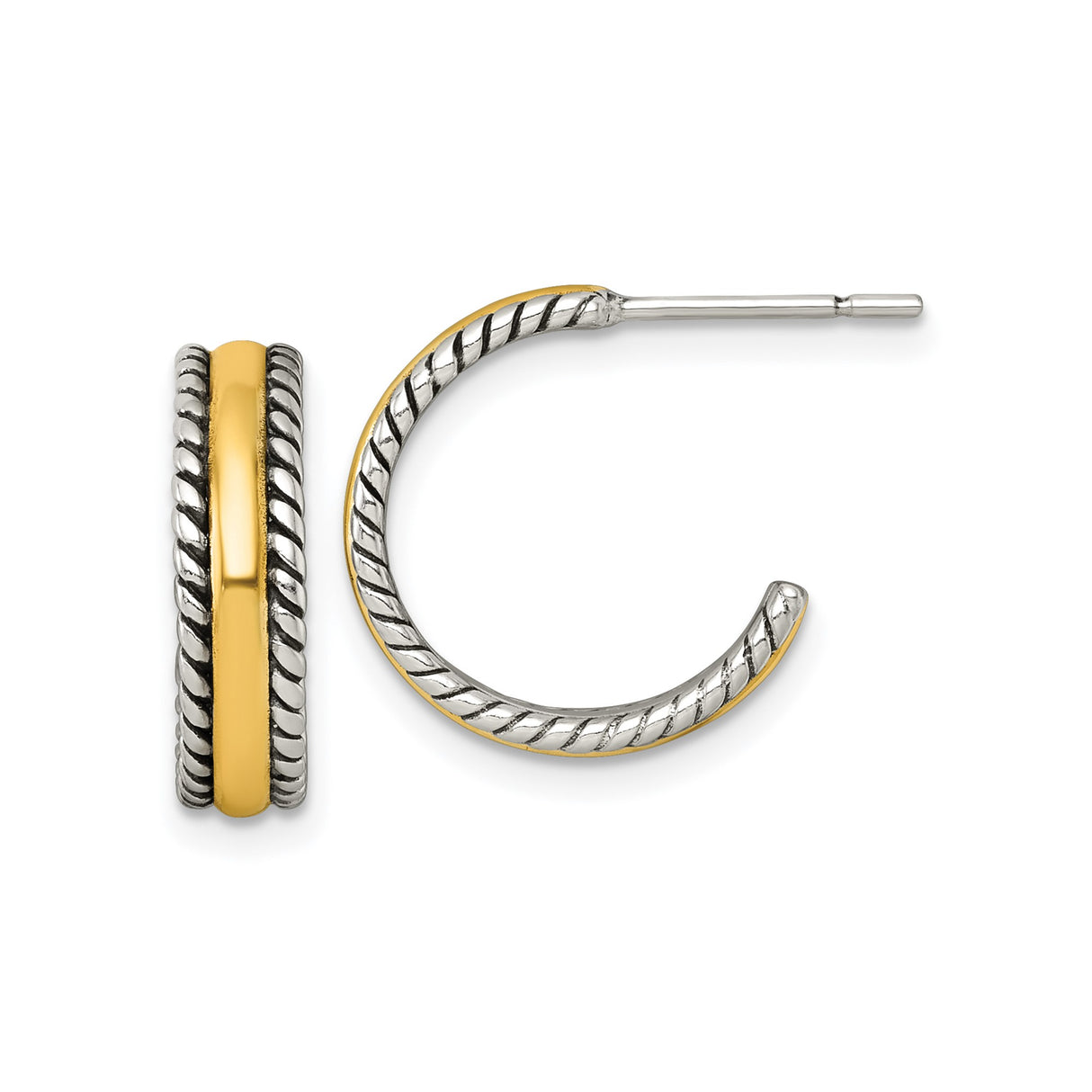 Sterling Silver Hoop Earrings with Twisted Rope Edge and Polished Yellow Gold-Tone Band