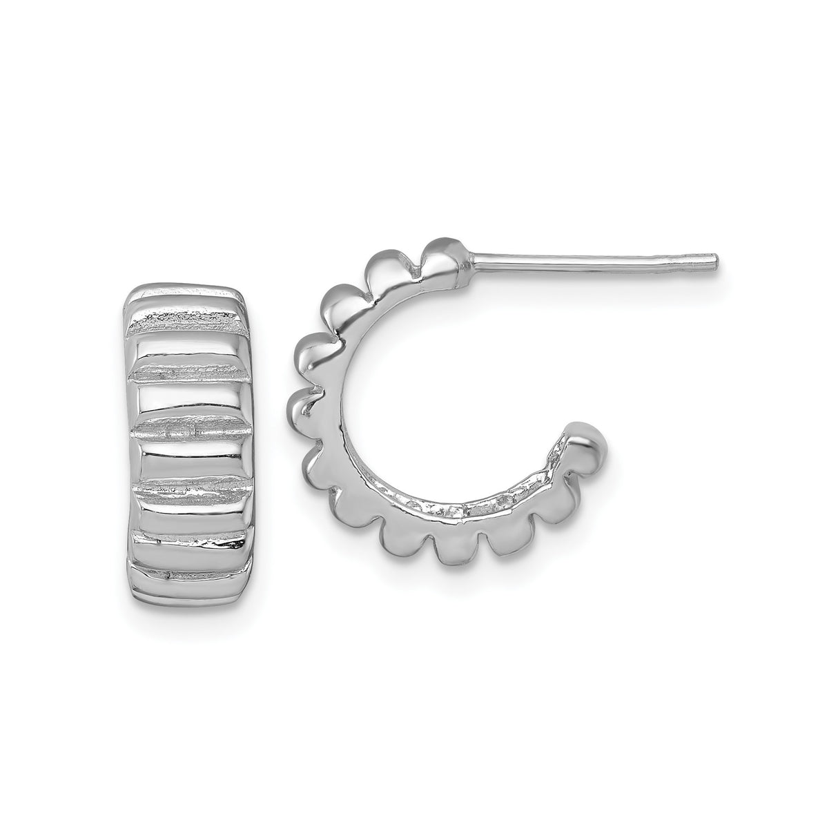 Sterling Silver Half Hoop Earrings with Scalloped Edge and Horizontal Grooves