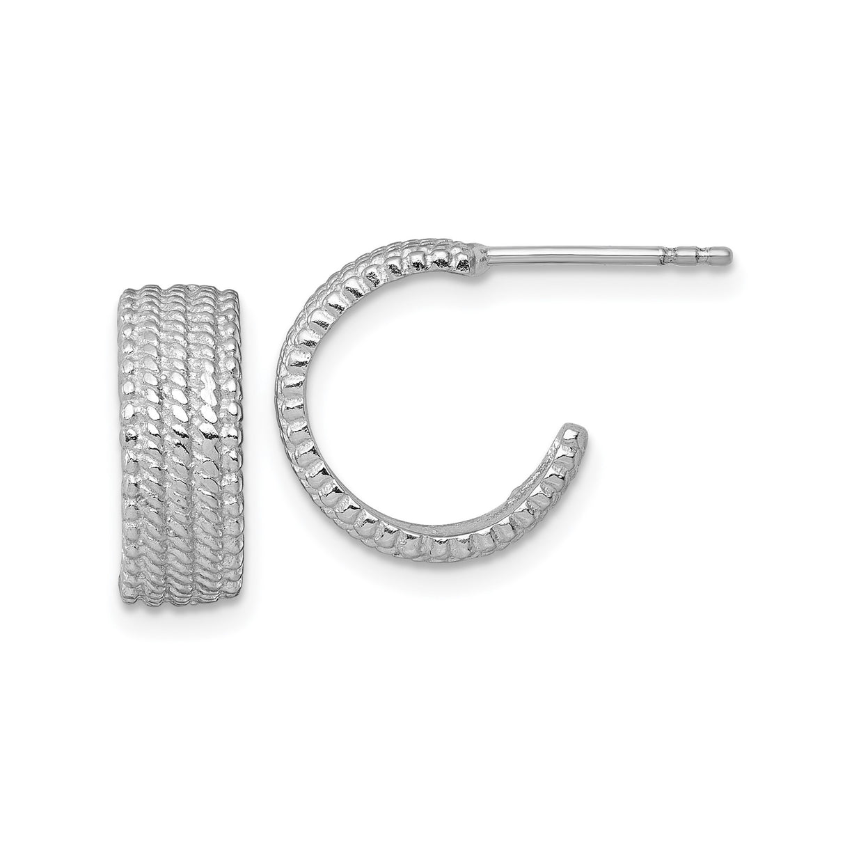 Sterling Silver Hoop Earrings with Woven Rope Design, Rhodium Plated C-Hoop Style for Women