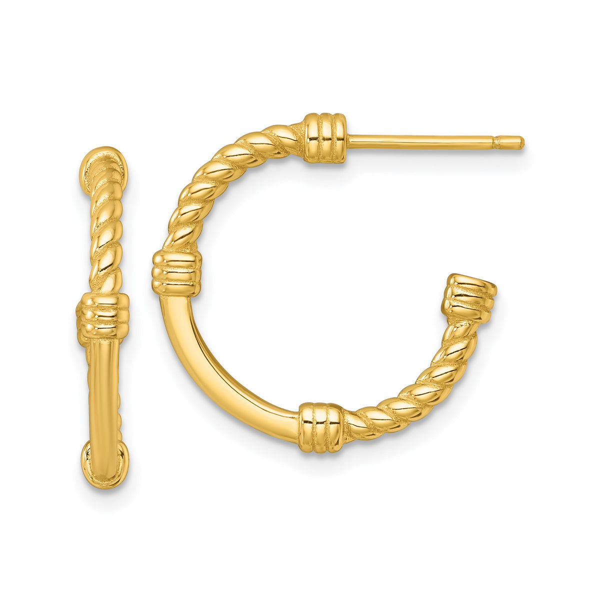 Sterling Silver Twisted C-Hoop Earrings with Polished Rope Design and Ribbed Texture