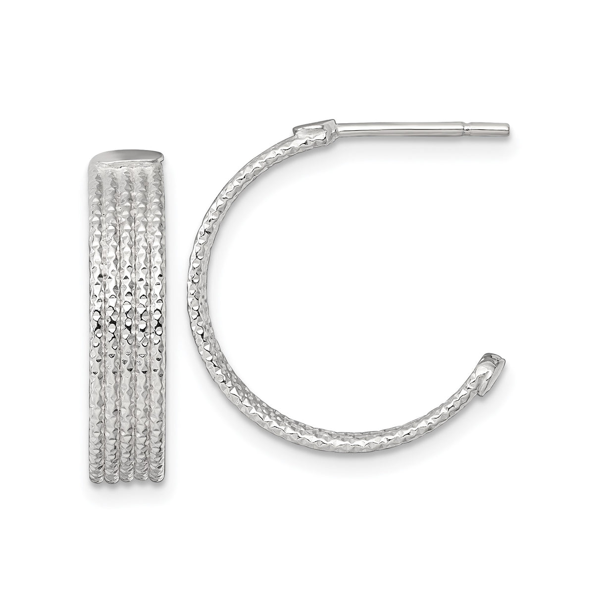 Sterling Silver Hoop Earrings with Textured Multi Ribbed Diamond Cut Design
