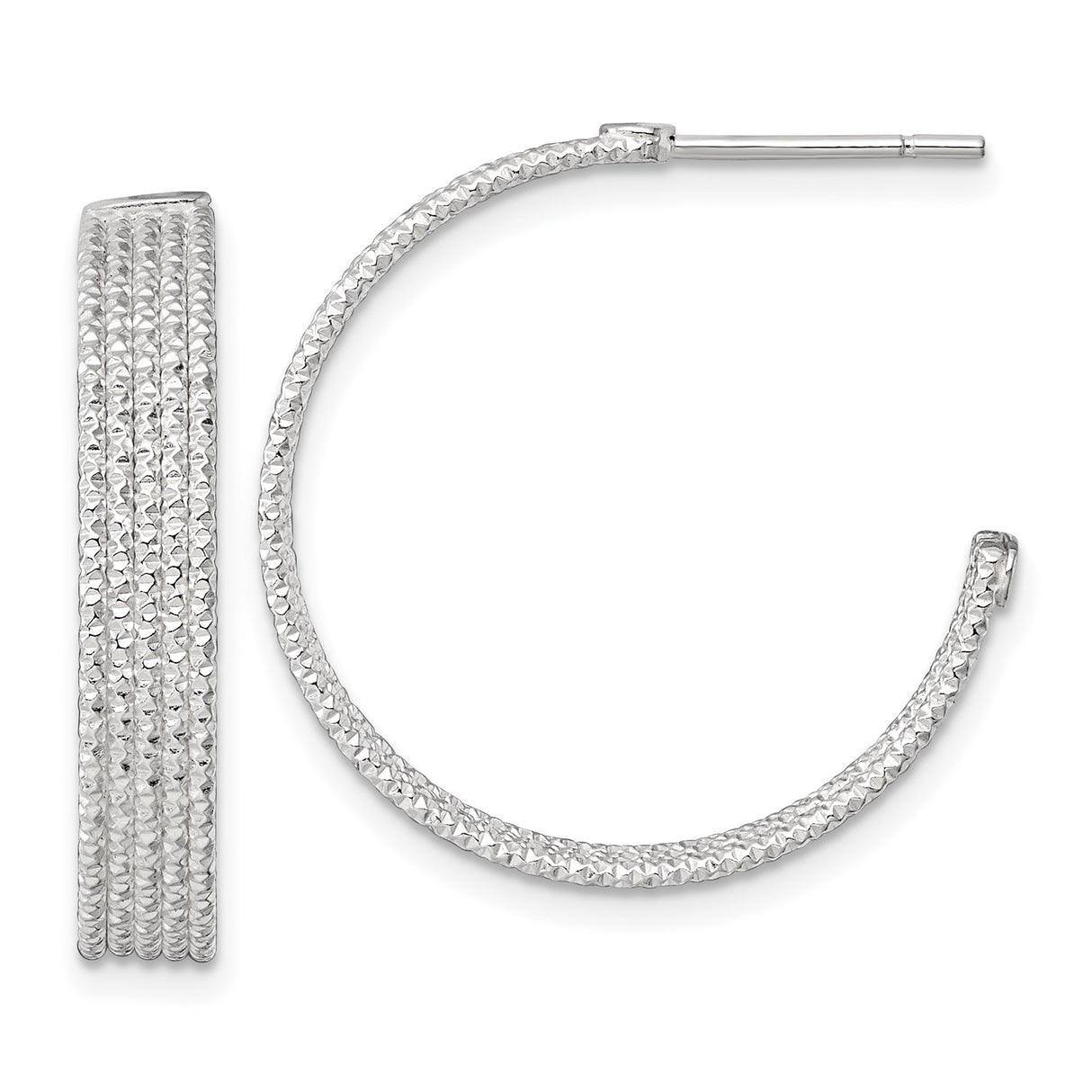 Sterling Silver Hoop Earrings, Textured Diamond Cut Finish, Lightweight Polished Design