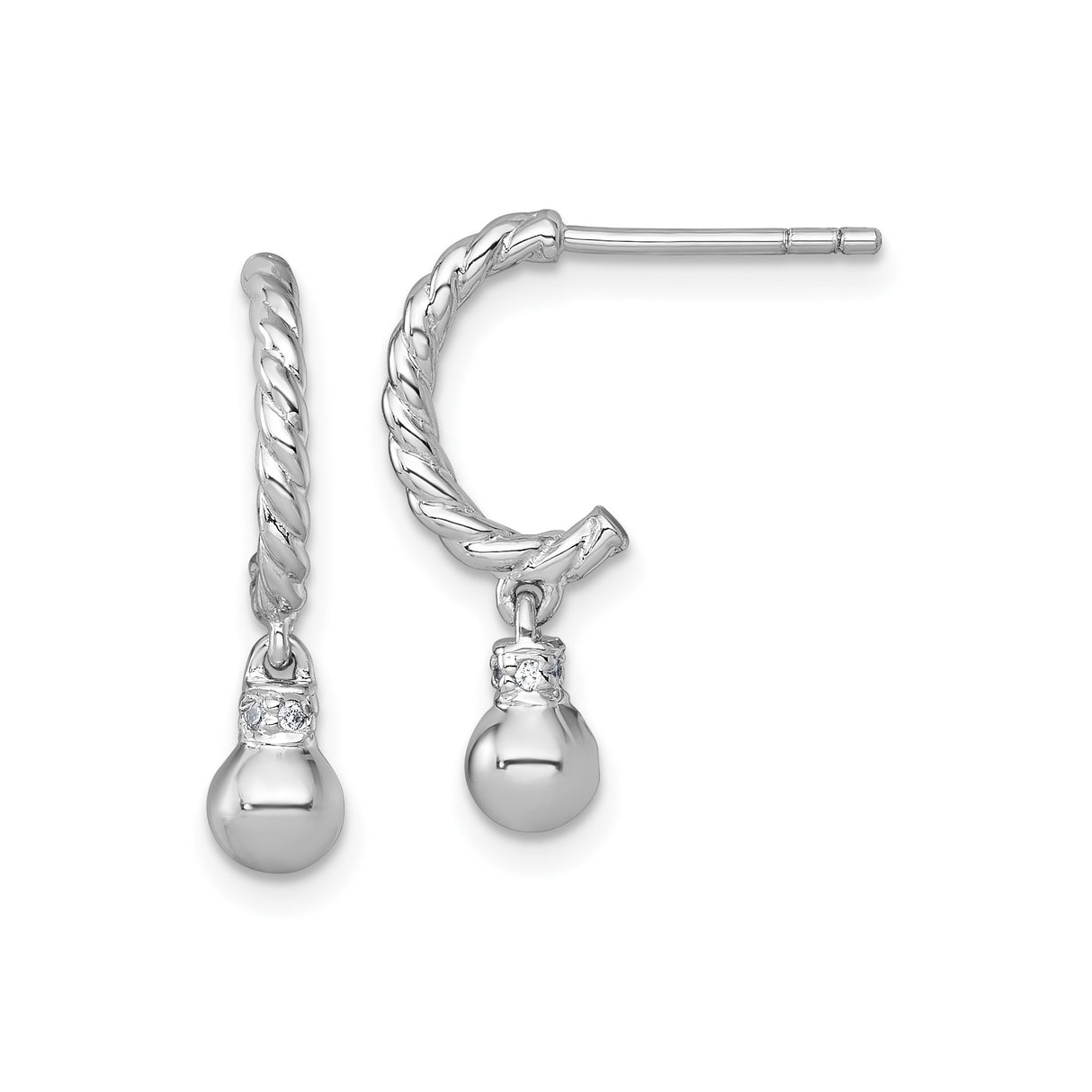 Sterling Silver Hoop Drop Earrings with Cubic Zirconia and Polished Ball Dangles