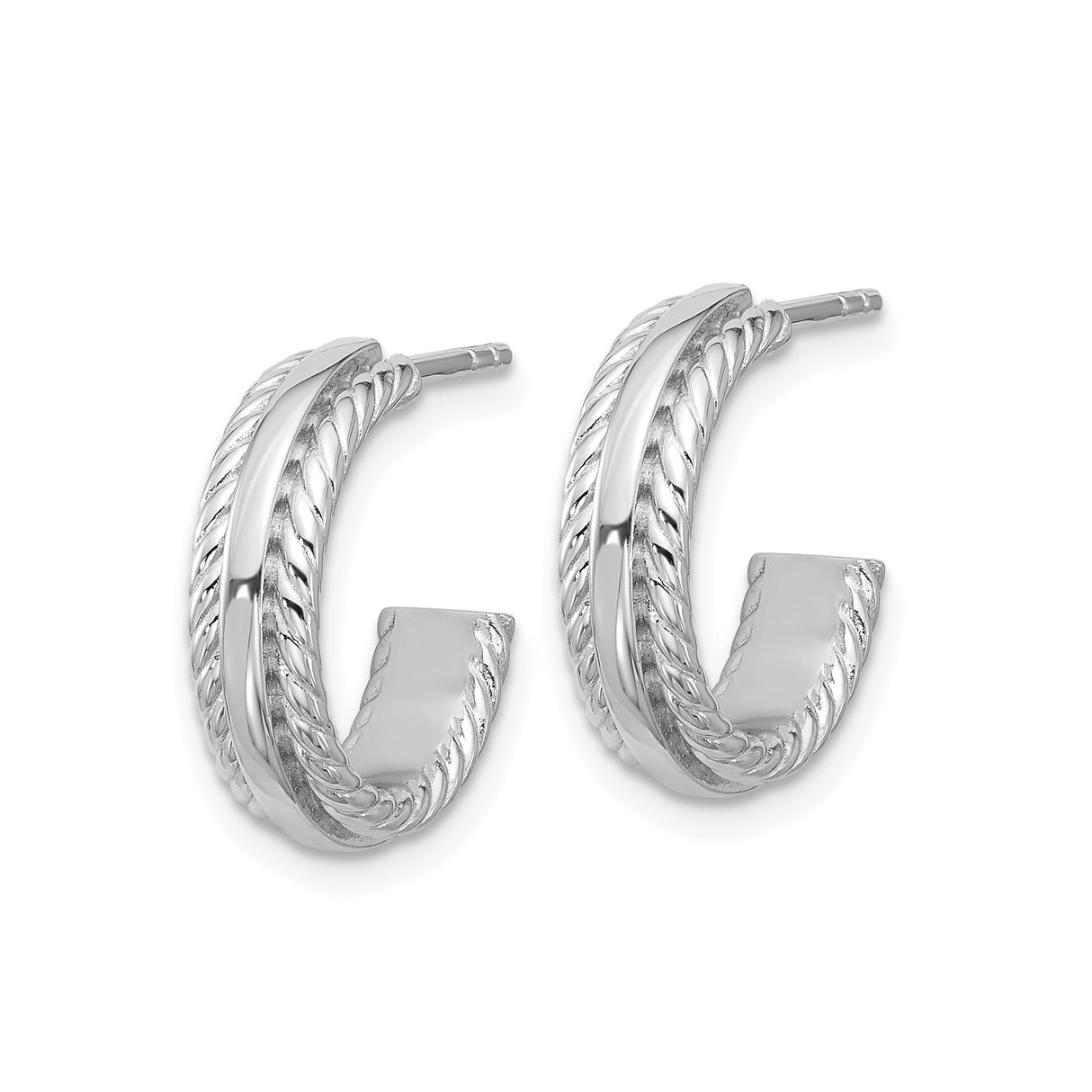 Sterling Silver Hoop Earrings with Polished Center and Twisted Rope Detail