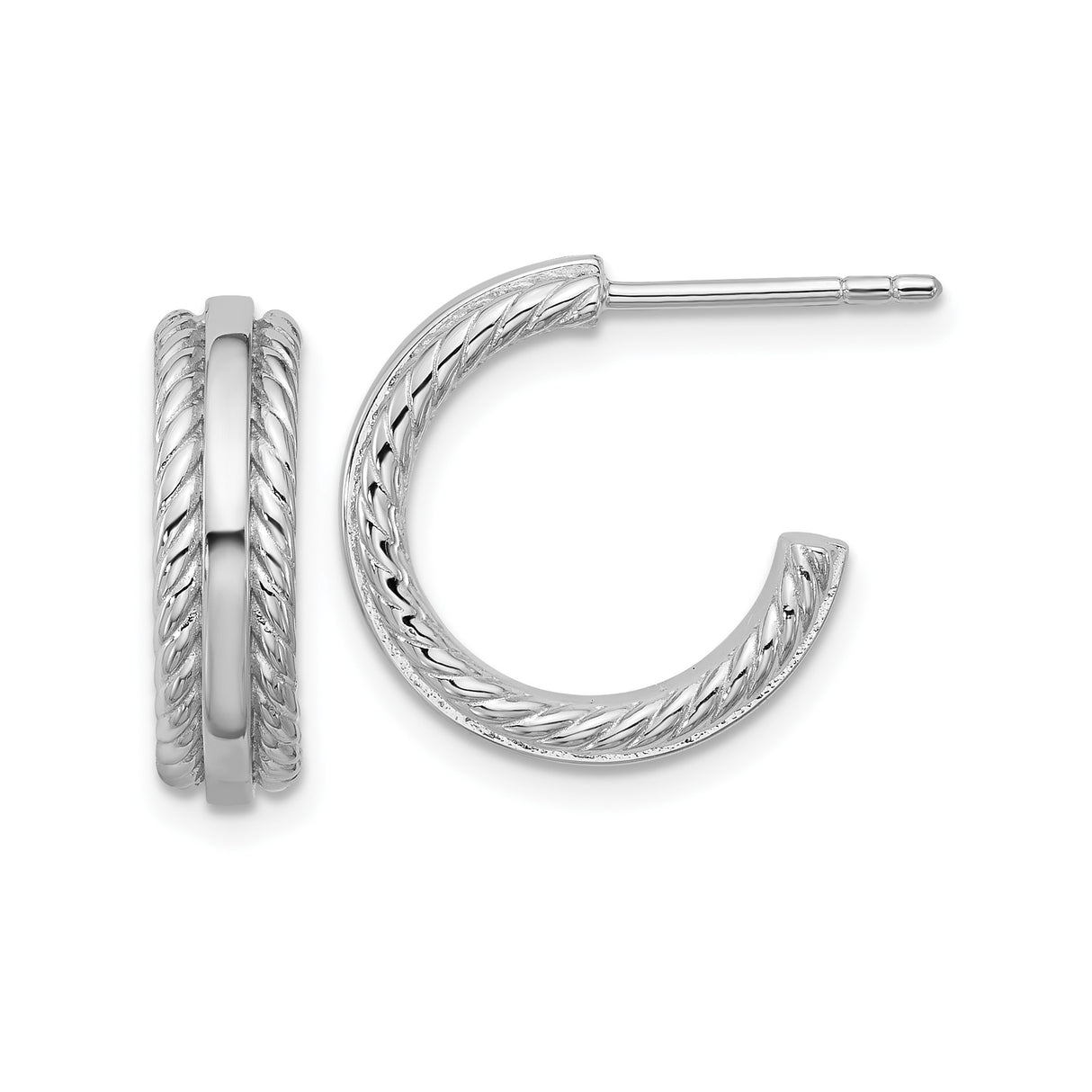 Sterling Silver Hoop Earrings with Polished Center and Twisted Rope Detail