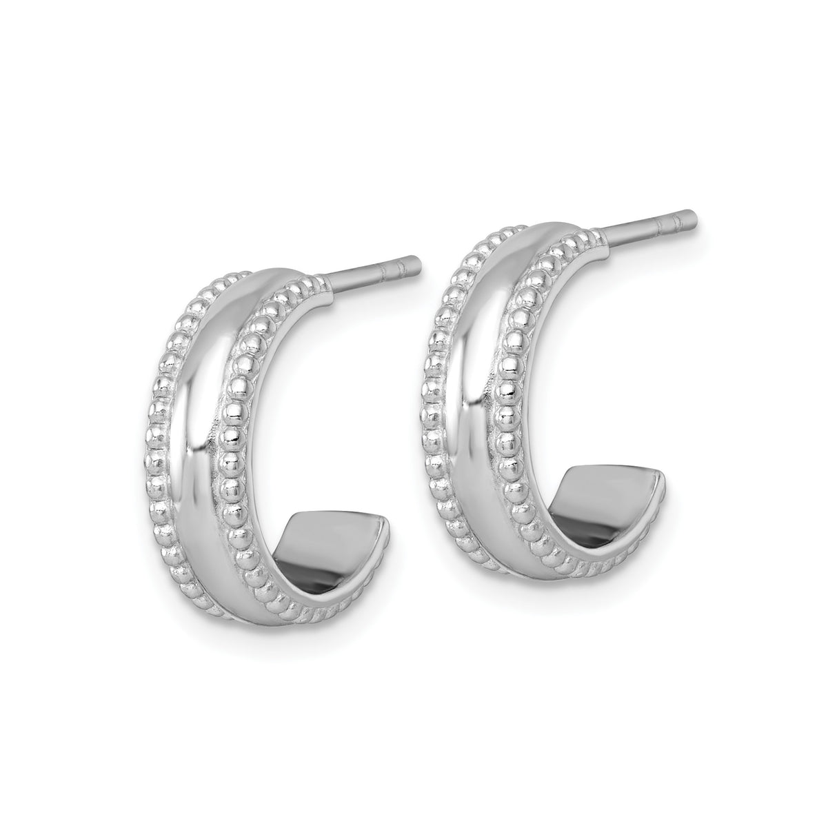 Sterling Silver Hoop Earrings with Beaded Edge, Rhodium Plated Half Hoops, Minimalist Style