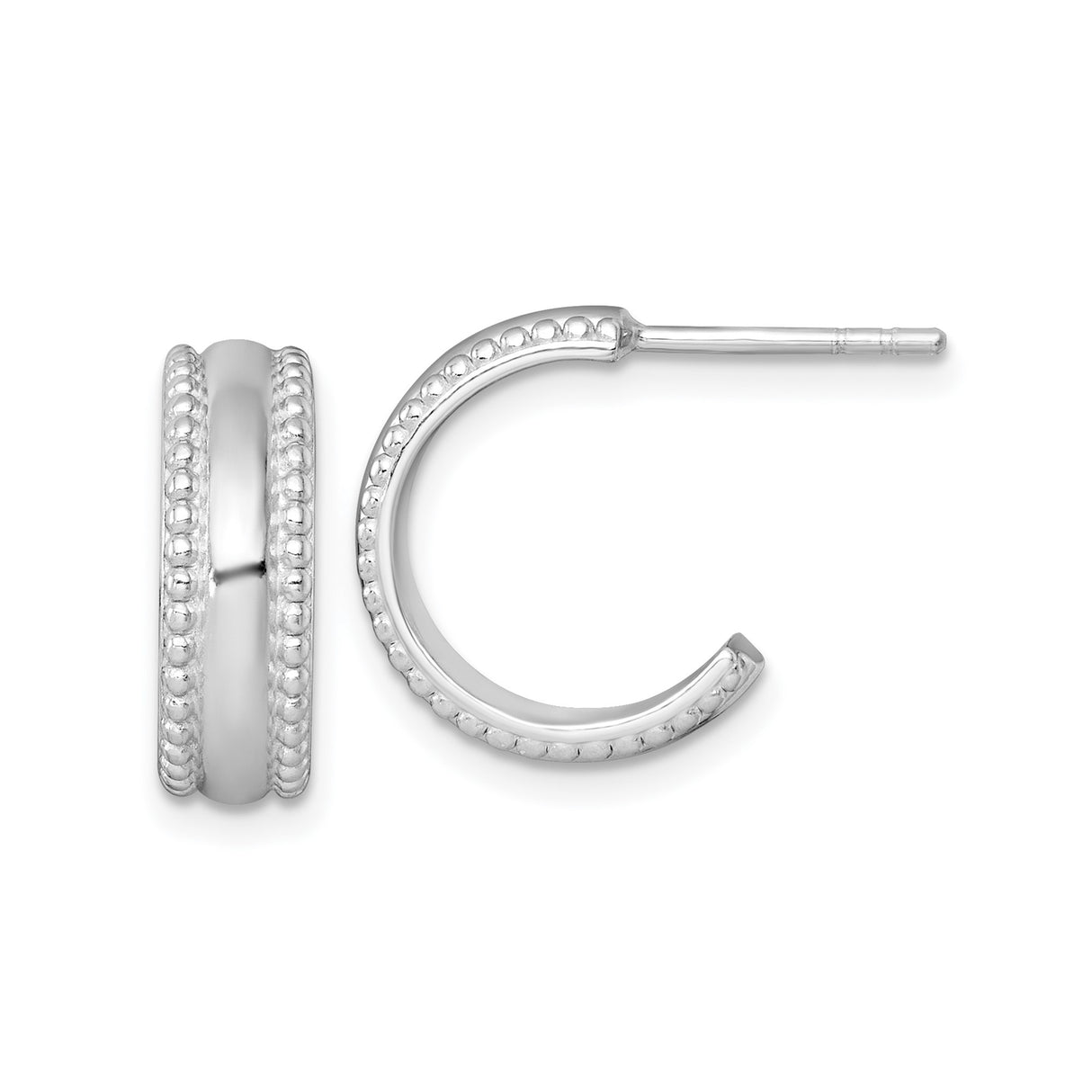 Sterling Silver Hoop Earrings with Beaded Edge, Rhodium Plated Half Hoops, Minimalist Style