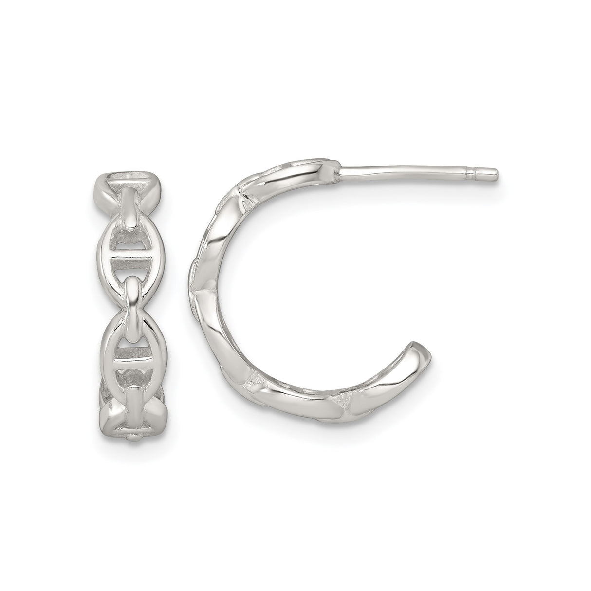 Sterling Silver Hoop Earrings with Polished Mariner Link Chain Design, Nautical Style