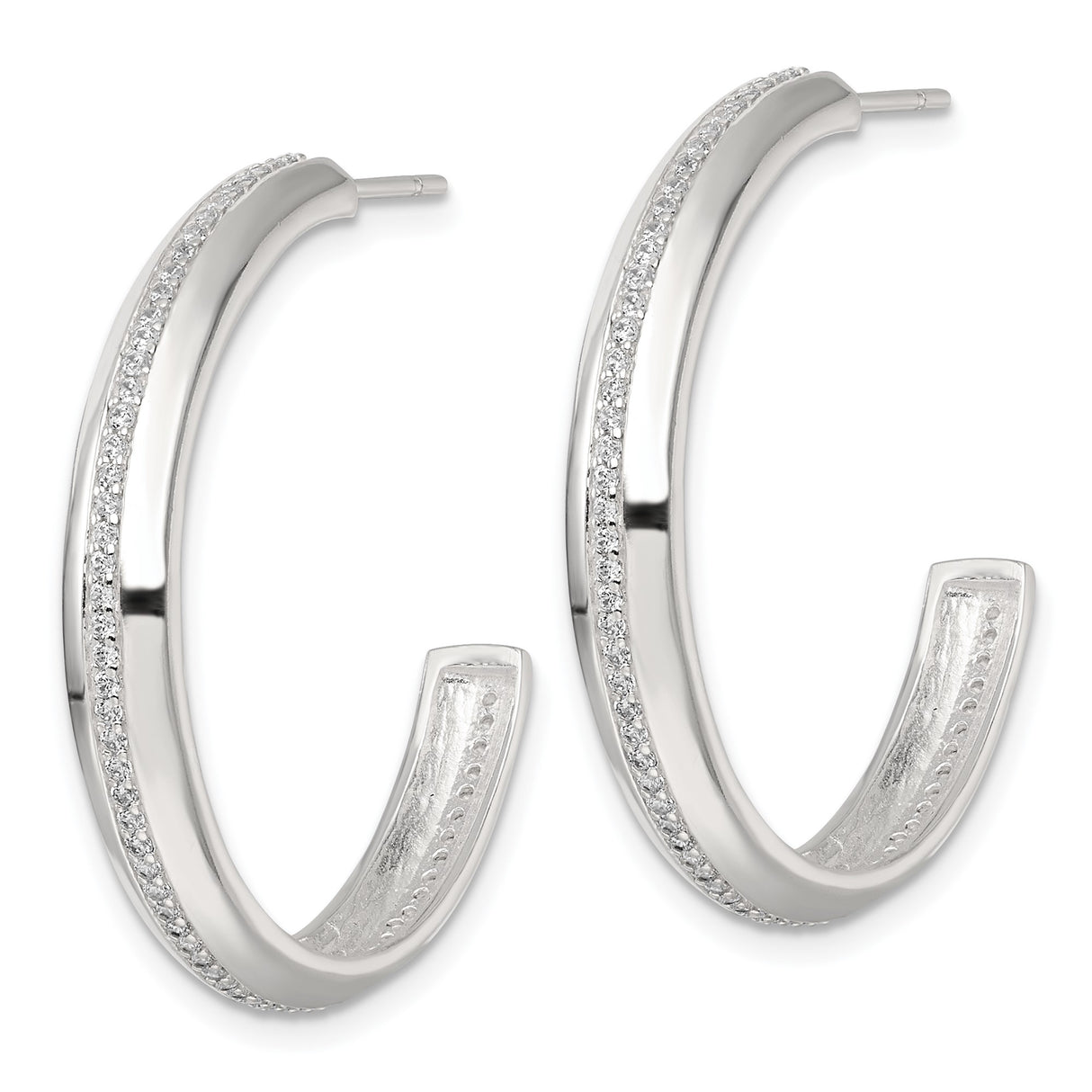 Sterling Silver Hoop Earrings with Cubic Zirconia Center, Polished Minimalist Design for Women