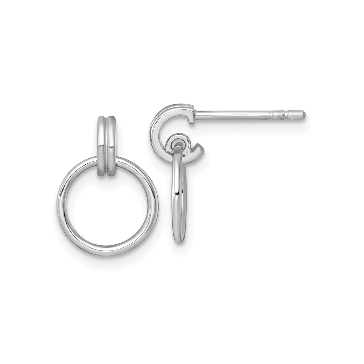 Sterling Silver Hoop Drop Earrings with Double Circle Design, Polished Minimalist Style