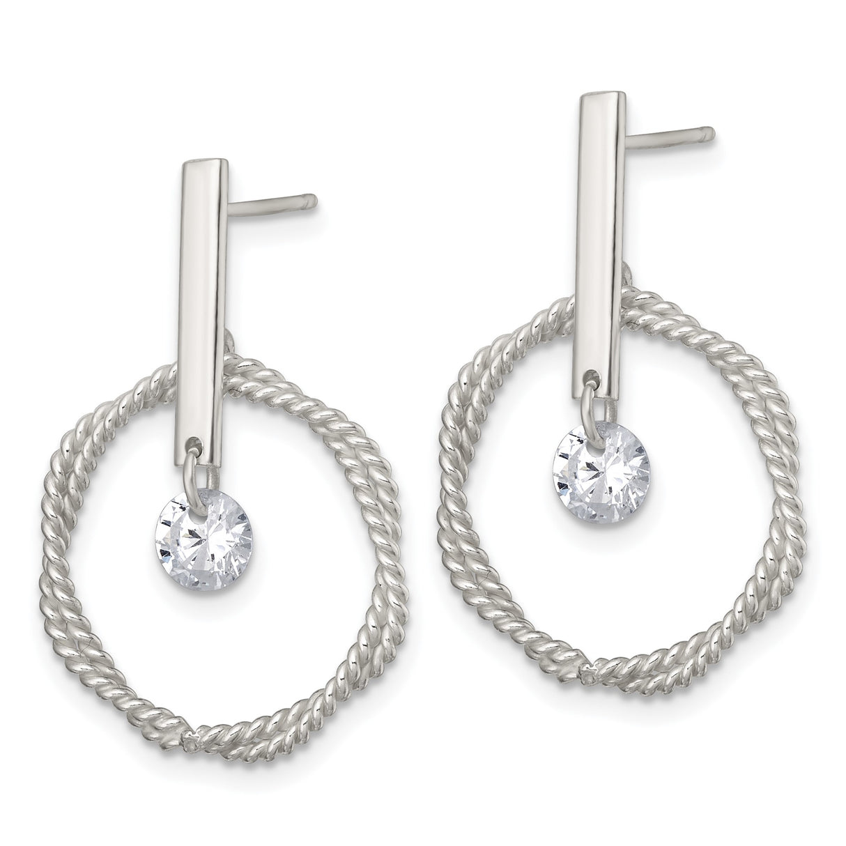 Sterling Silver Dangle Earrings with Cubic Zirconia and Twisted Rope Circle Design