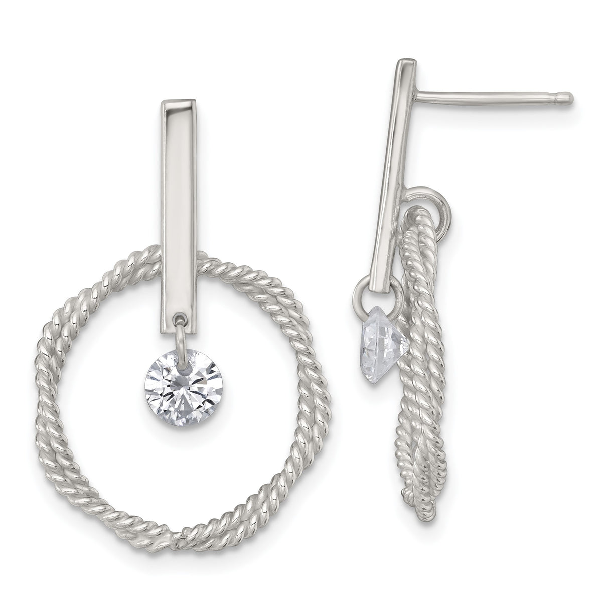 Sterling Silver Dangle Earrings with Cubic Zirconia and Twisted Rope Circle Design