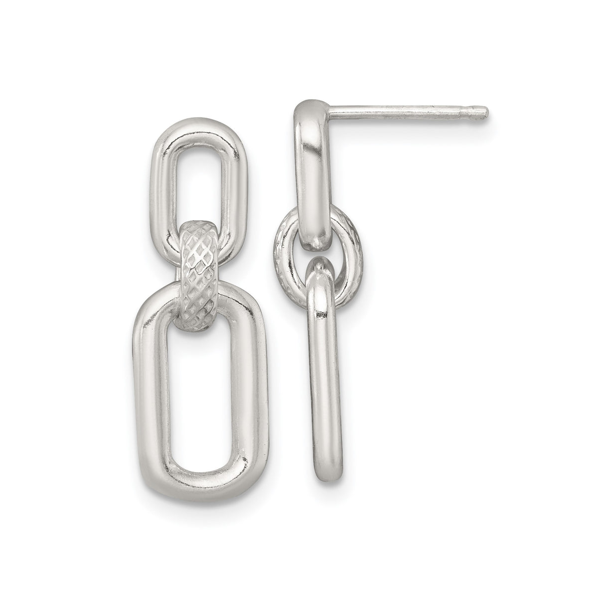 Sterling Silver Drop Earrings with Interlocking Oval and Round Links, Textured Design