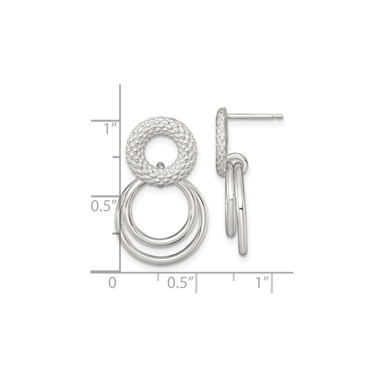 Sterling Silver Dangle Earrings with Interlocking Rings and Textured Studs, Modern Minimalist Design