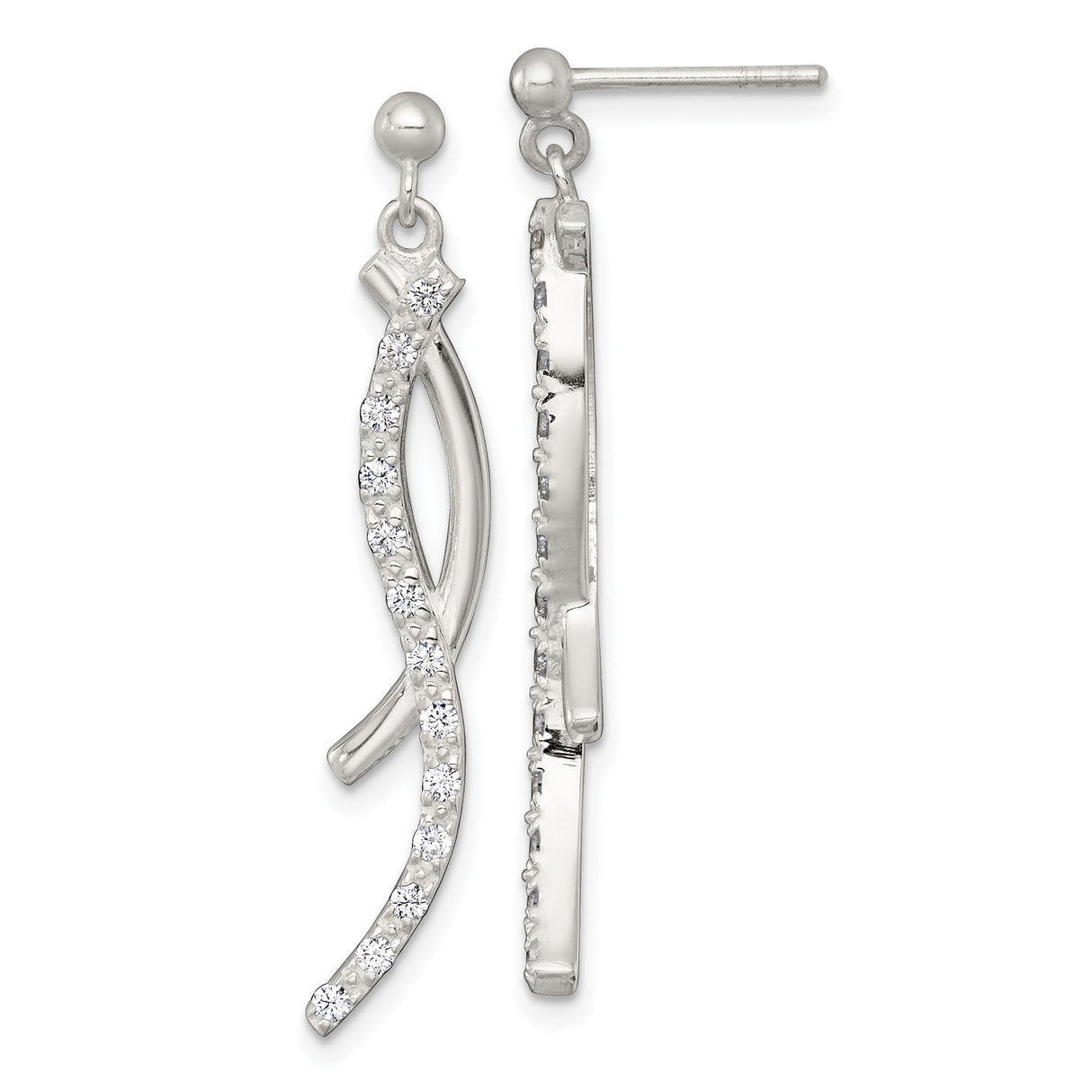 Sterling Silver Dangle Earrings with Cubic Zirconia, Twisted Bar Long Drop Design