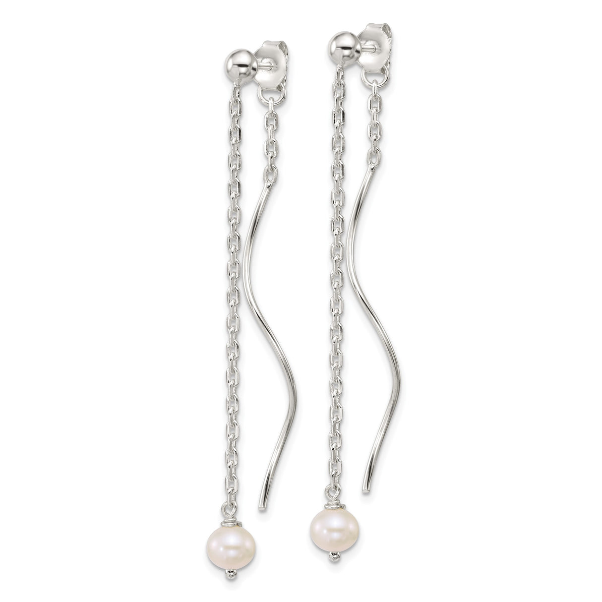 Sterling Silver Drop Earrings with Freshwater Pearl, Delicate Chain and Wave Accent