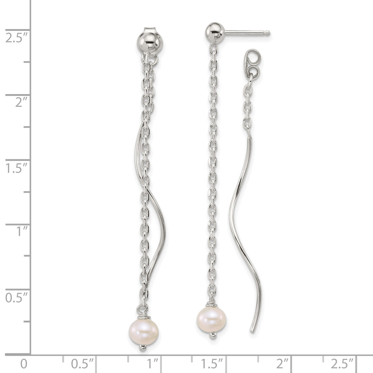 Sterling Silver Drop Earrings with Freshwater Pearl, Delicate Chain and Wave Accent