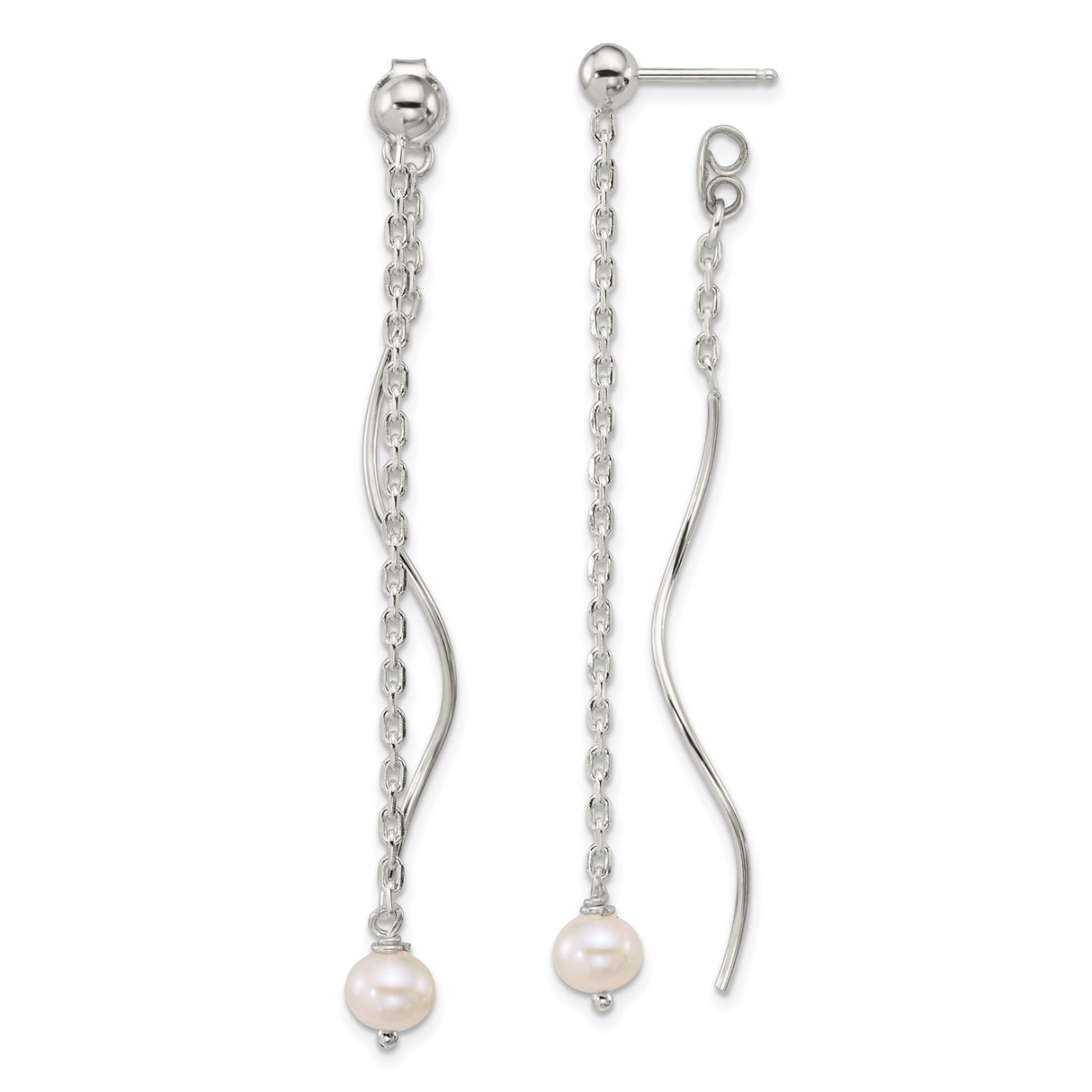 Sterling Silver Drop Earrings with Freshwater Pearl, Delicate Chain and Wave Accent