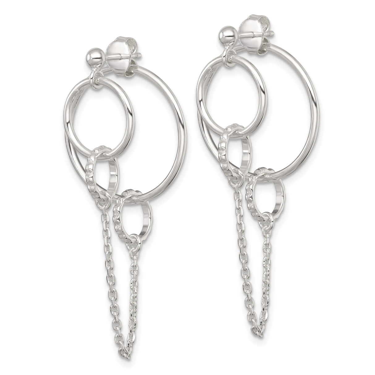 Sterling Silver Dangle Earrings with Interlocking Circles and Delicate Chains, Asymmetrical Design