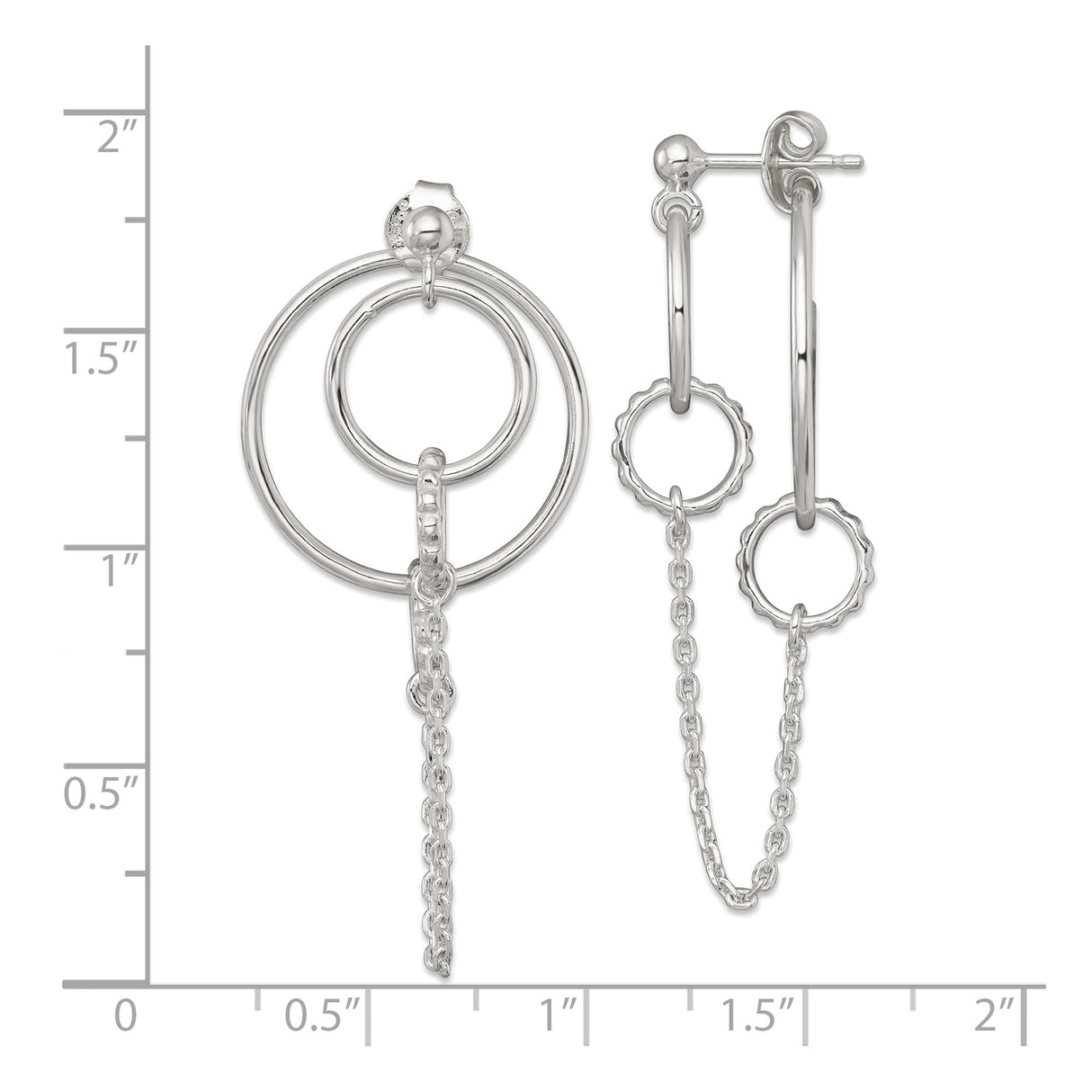 Sterling Silver Dangle Earrings with Interlocking Circles and Delicate Chains, Asymmetrical Design