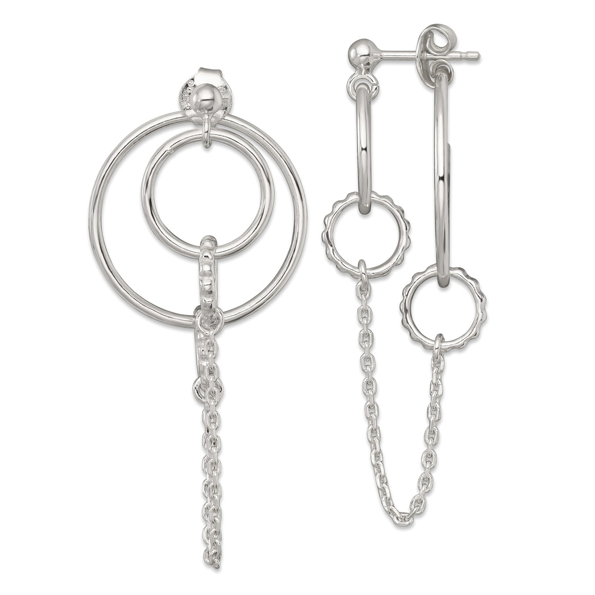 Sterling Silver Dangle Earrings with Interlocking Circles and Delicate Chains, Asymmetrical Design