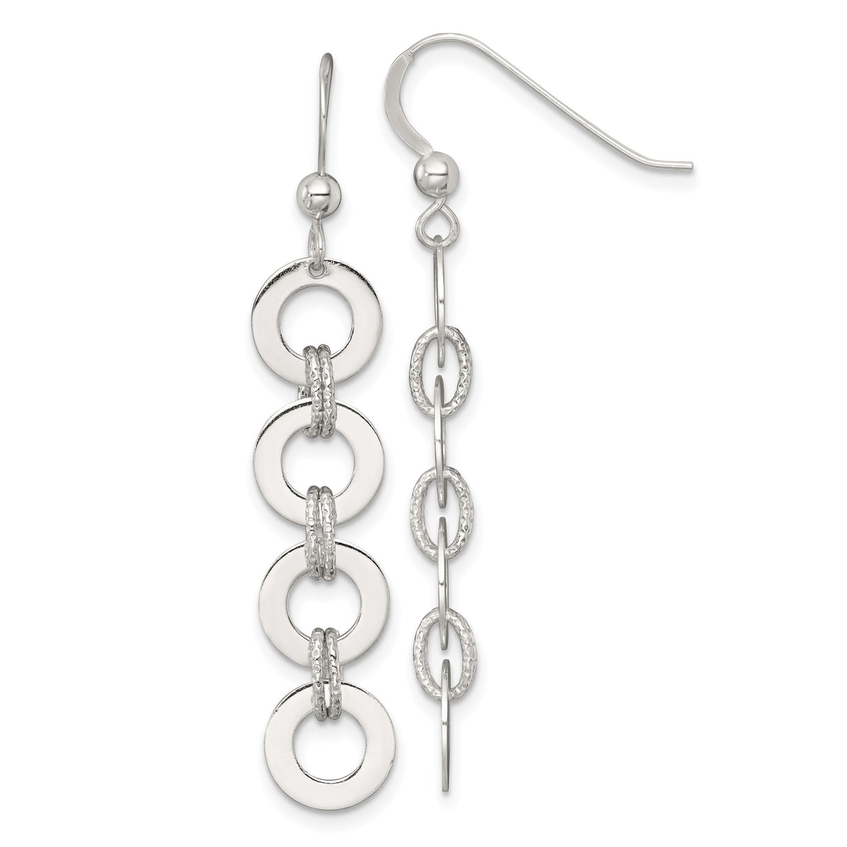 Sterling Silver Dangle Earrings with Interlocking Open Circles, Polished and Textured Geometric Design