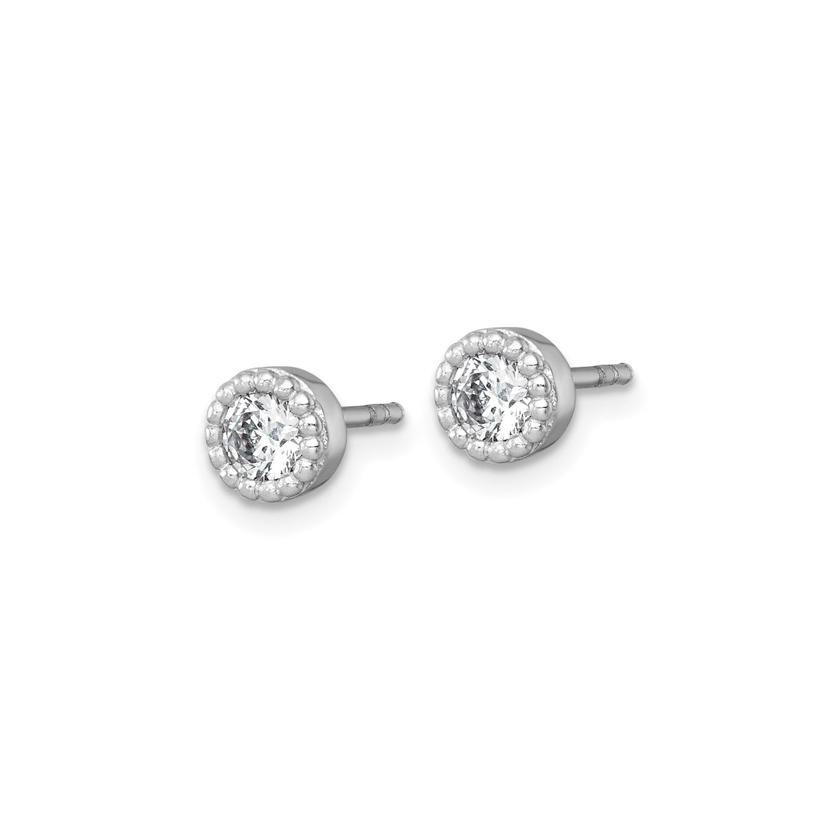 Sterling Silver Stud Earrings with Round Cut Cubic Zirconia, Bezel Setting, Milgrain Detail