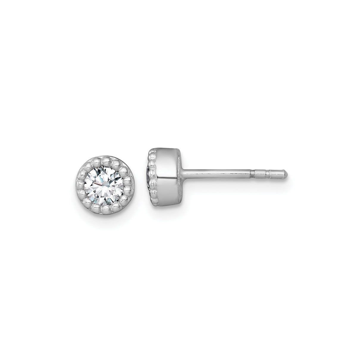 Sterling Silver Stud Earrings with Round Cut Cubic Zirconia, Bezel Setting, Milgrain Detail